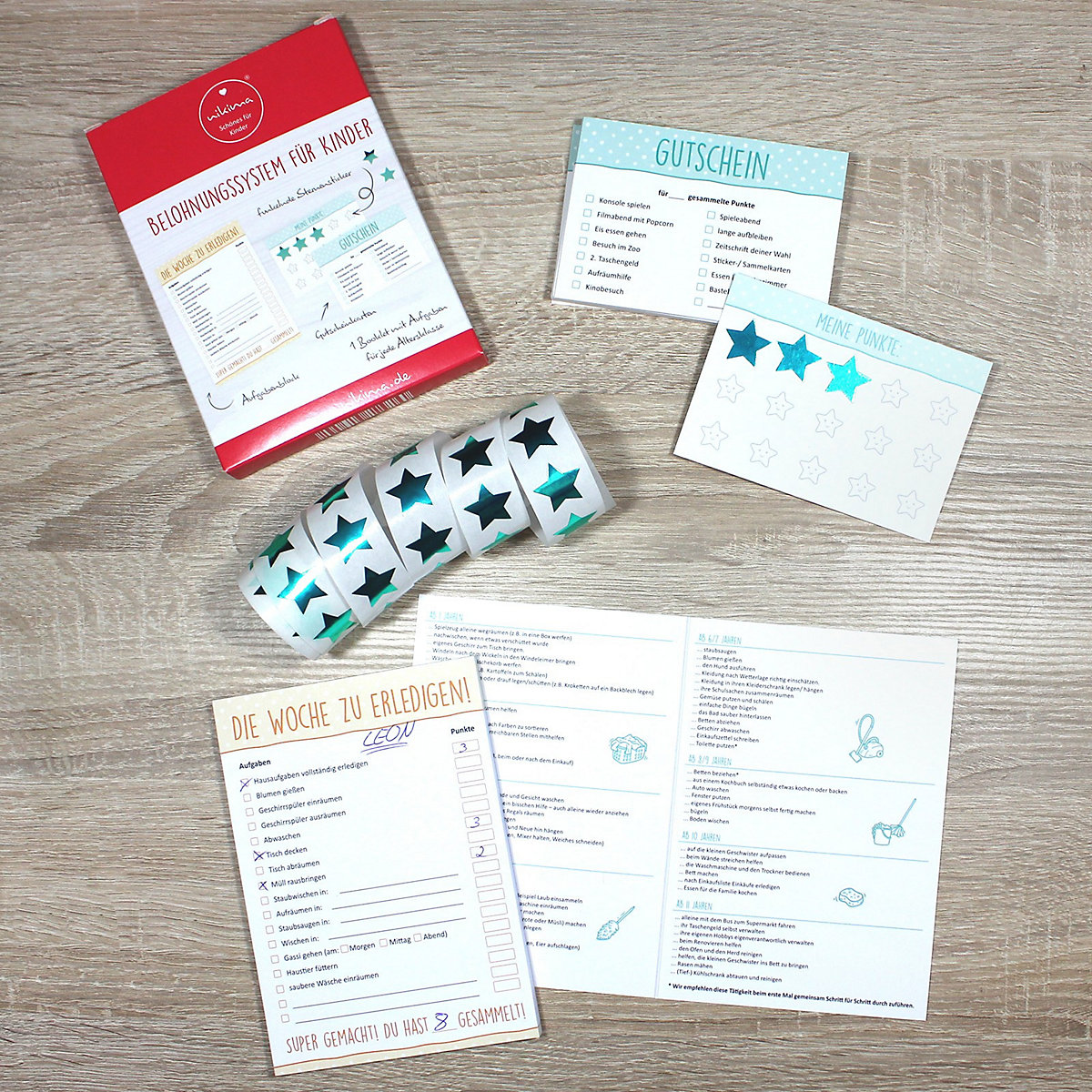 Papeterie Belohnungssystem für Kinder - 1 Block Aufgabenliste, 25 Gutscheine, 100 Belohnungssticker, 1 Booklet Geschenkpapier