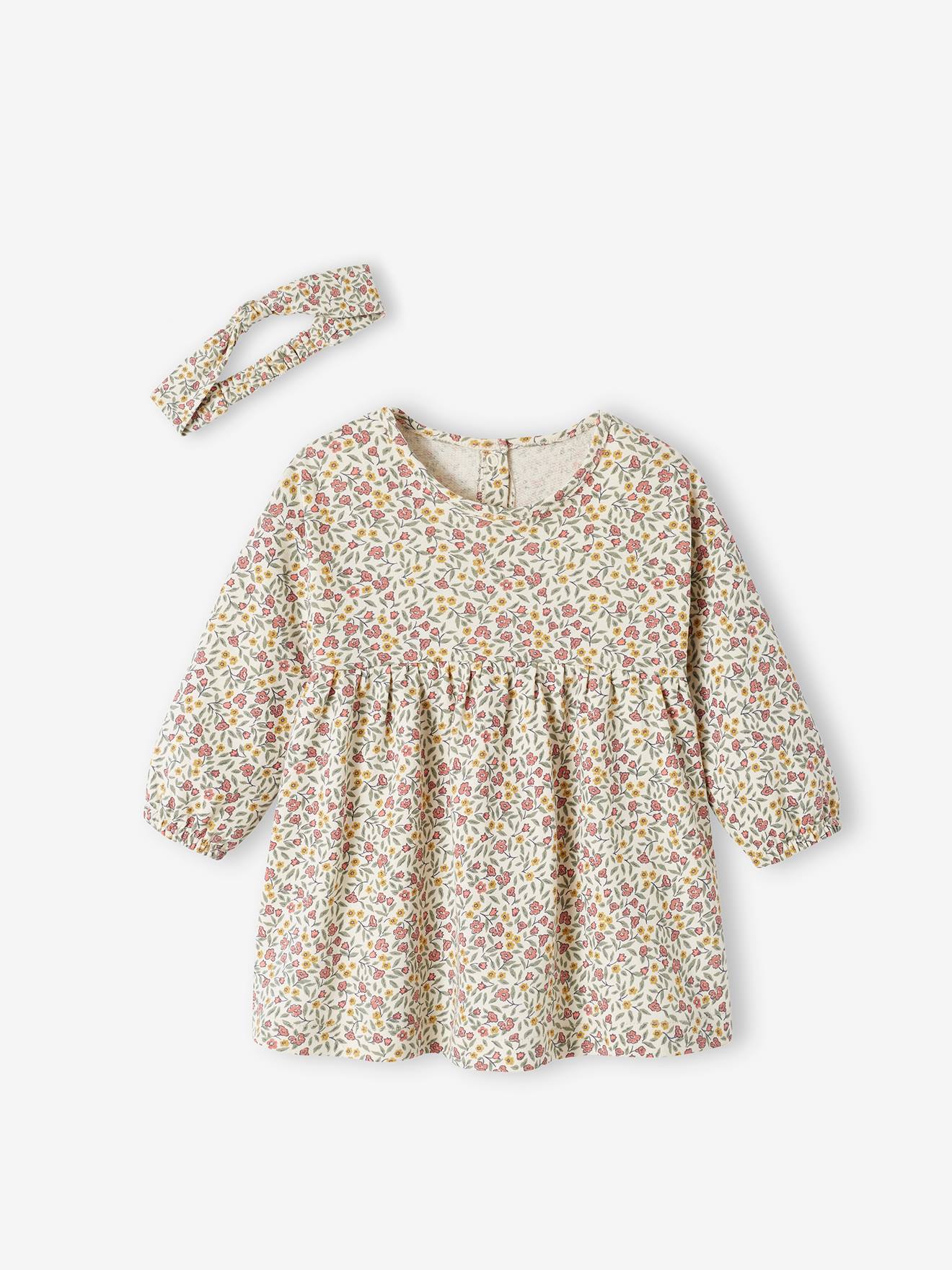 Ensemble 3 pièce robe + cardigan + bandeau bébé fille ivoire imprimé