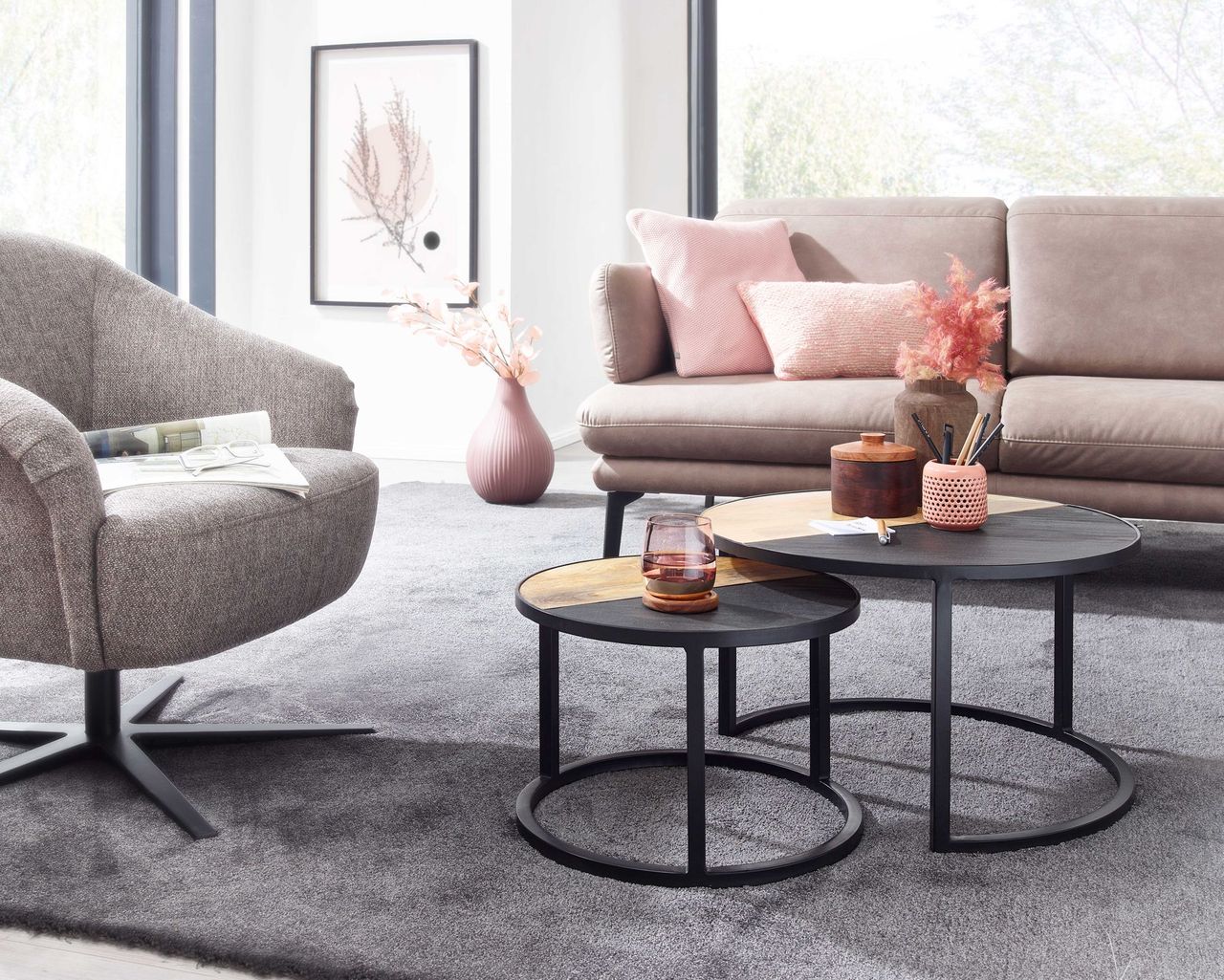 Skyport WOHNLING Couchtisch 2 teilig Wohnzimmertisch Massivholz Rund Beistelltisch Tisch