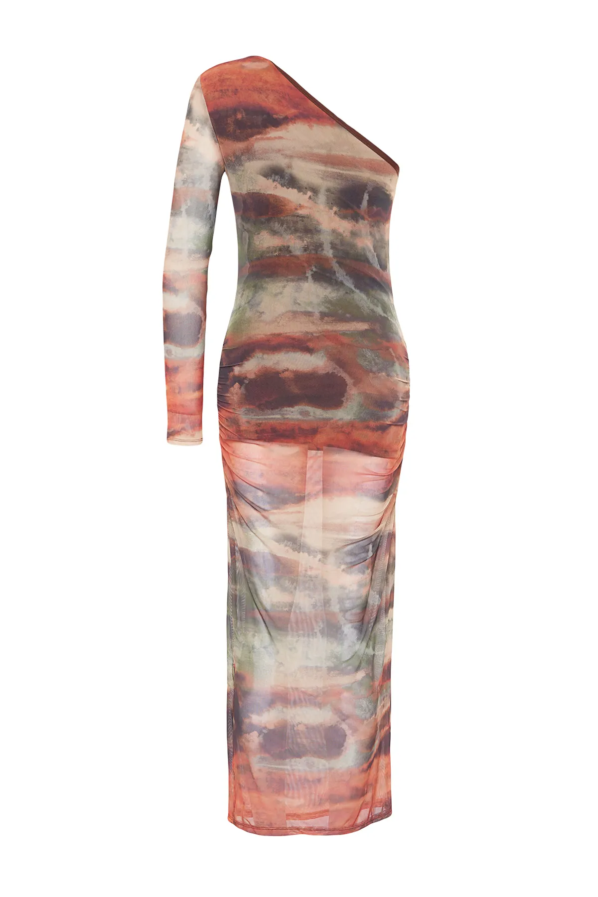 Trendyol Collection  Mehrfarbiges, figurbetontes, drapiertes One-Shoulder-Maxi-Strickkleid mit Tüllfutter TWOSS23EL01799