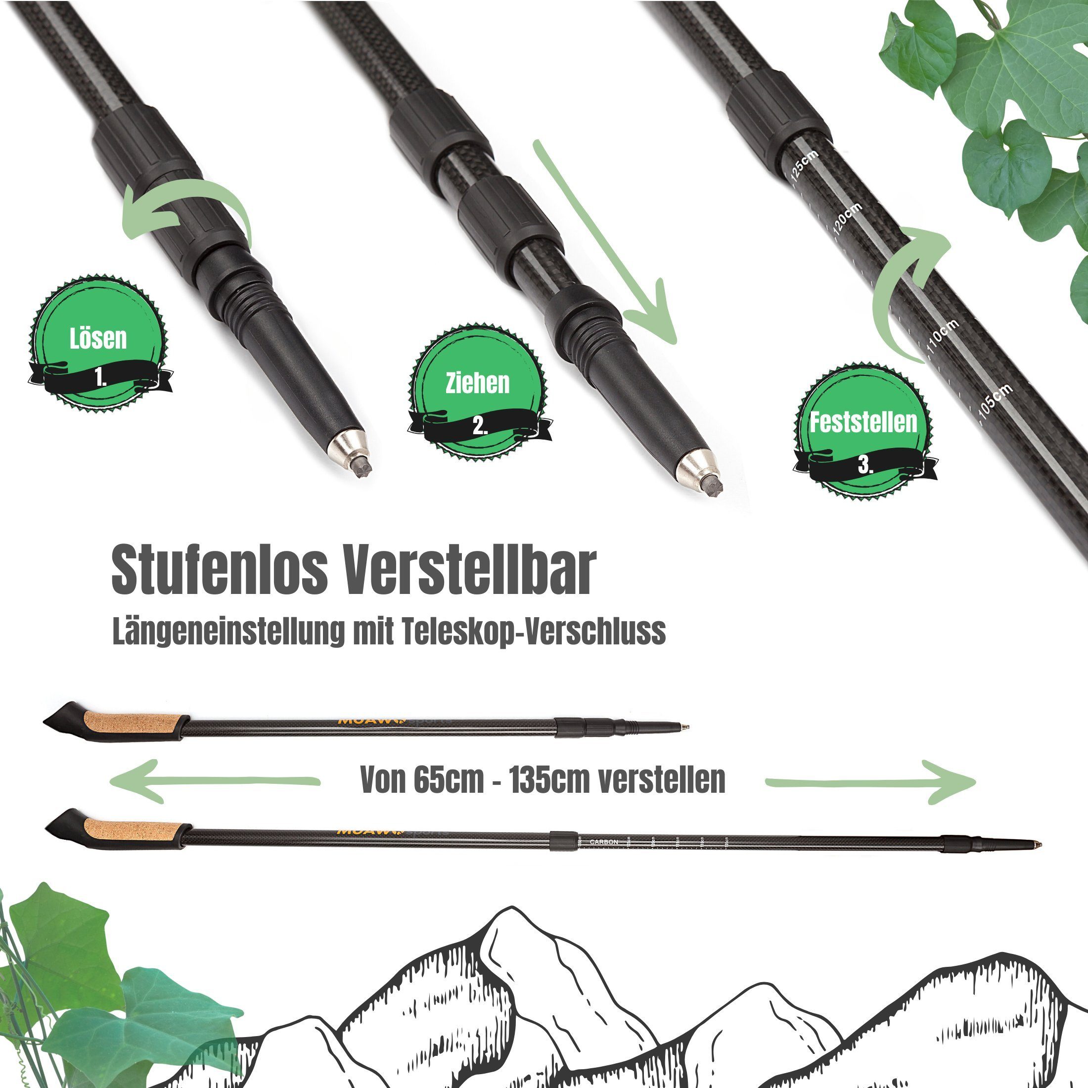 Muawo Nordic-Walking-Stöcke Premium Carbon verstellbar Teleskopstock (praktischer Beutel, Vollständiges Nordic Walking Set mit allen Aufsätzen), federleicht und ultrarobust, Carbon, verstellbar, ergonomisch