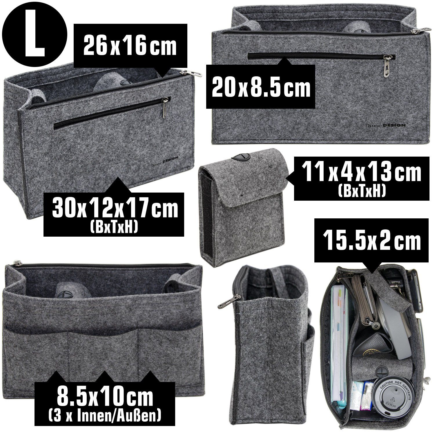 DuneDesign Aufbewahrungstasche Handtaschen Organizer L 30x12x17 cm Filz Einsatz, 30x12x17 cm Innentasche Grau