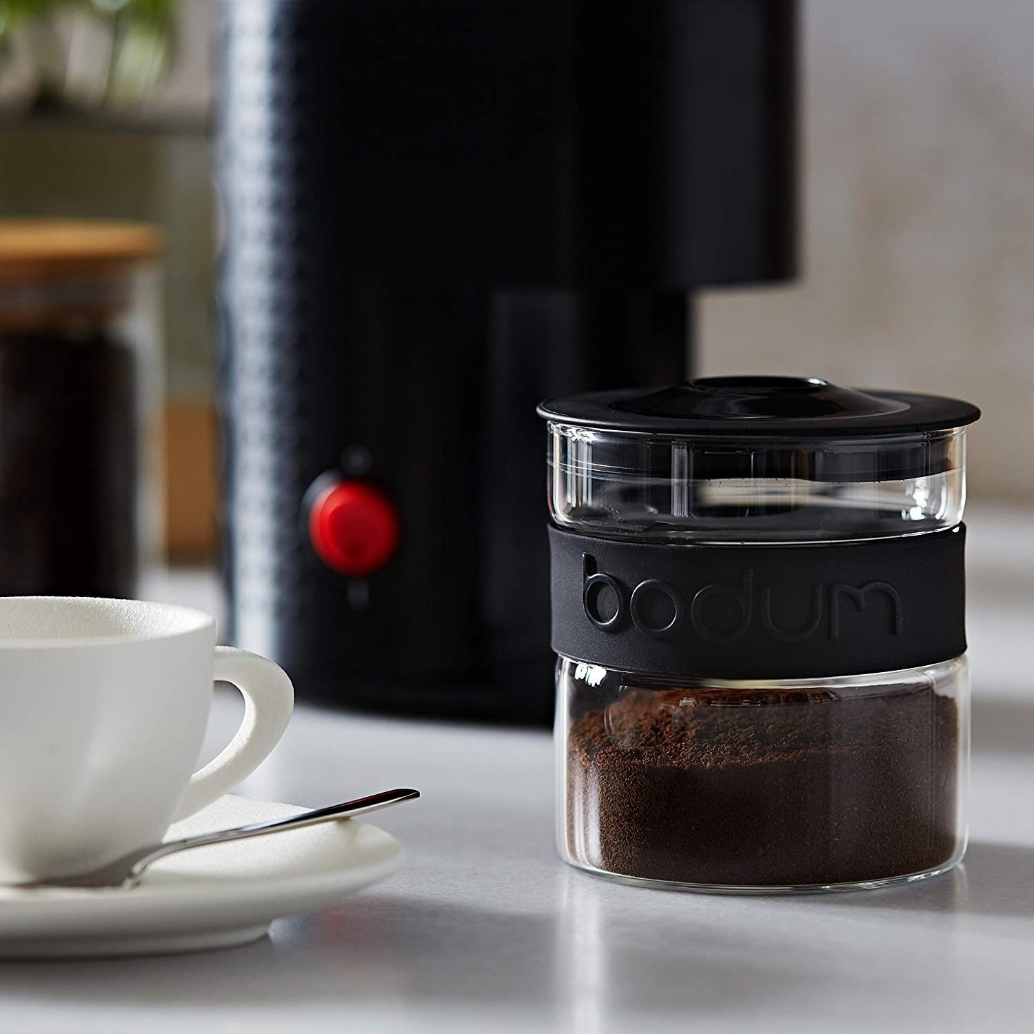 Bodum Kaffeemühle Bistro, elektrische Kaffeemühle, Keramikmahlwerk, 12 Stufen, Mühle, 160 W, Kegelmahlwerk, 220,00 g Bohnenbehälter, Kaffeebohnen Zerkleinerer, Mahlwerk mahlen Bohnenmühle Espressomühle