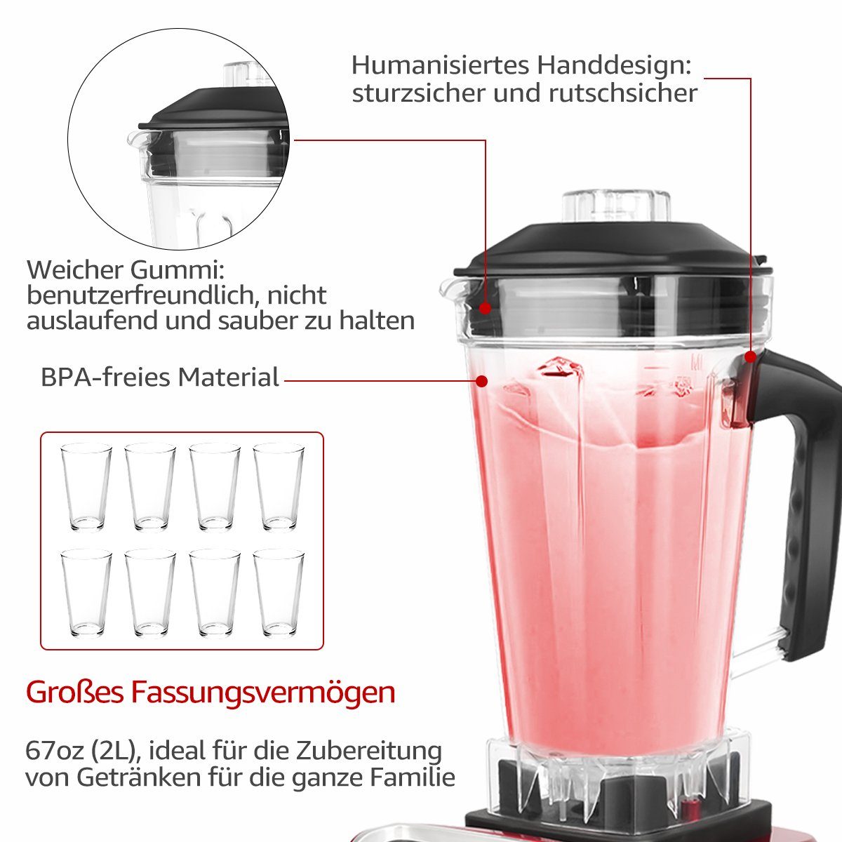 7Magic Standmixer Smoothie Mixer, 1600,00 W, 9 Stufen, Ice Crusher, 2L Behälter + 0,6L Trockenmahlbehälter BPA frei