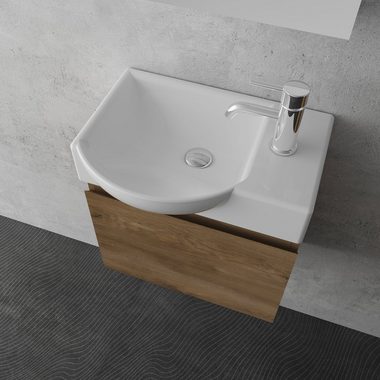 Alpenberger Badmöbel-Set - Gäste WC Waschbecken mit Unterschrank 45 cm Breit, (Badschrank 2-tlg., Waschtisch hängend), Waschbeckenunterschrank mit Softclose - Farbe Eiche - Links Becken