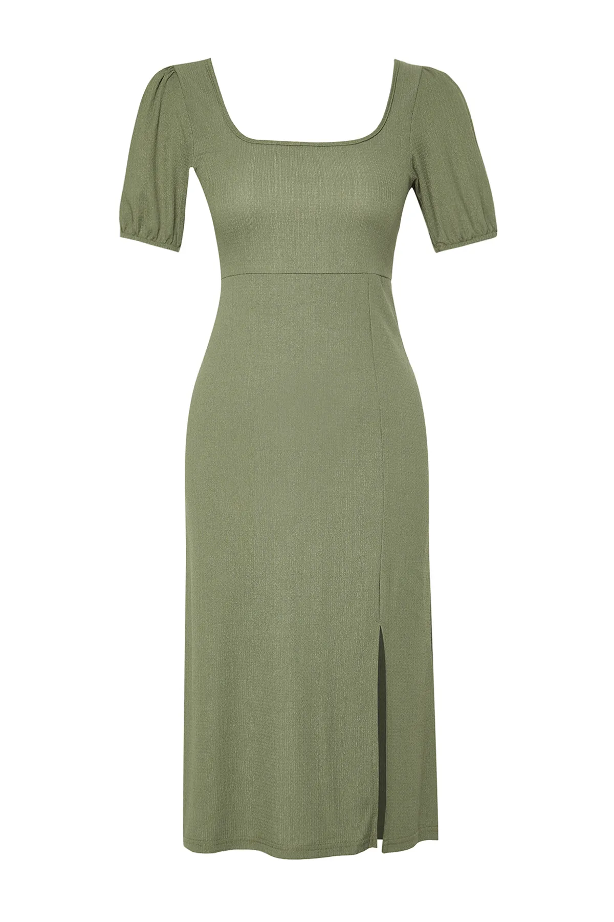 Trendyol Collection  Khakifarbenes A-Linien-Strickkleid mit quadratischem Kragen, Ballonärmeln, Schlitzdetail, Wickel-/strukturiertem Midi-Strickkleid TWOSS23EL01533