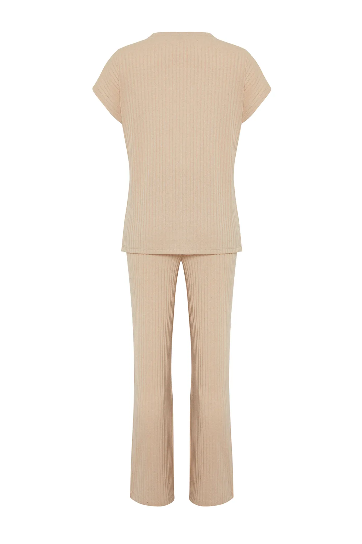 Trendyol Collection  Beige gestricktes Pyjama-Set mit Kordelkragen und detailliertem Muster THMSS24PT00234