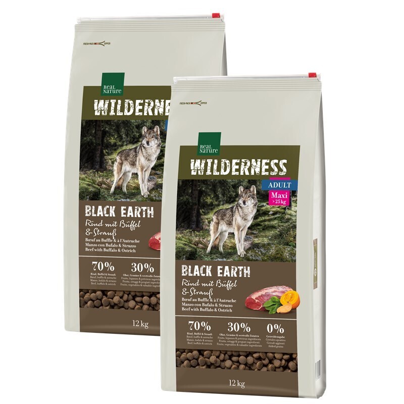 REAL NATURE Hundetrockenfutter REAL NATURE WILDERNESS Maxi Adult Black Earth Rind mit Strauß & Büffel 2x12 kg