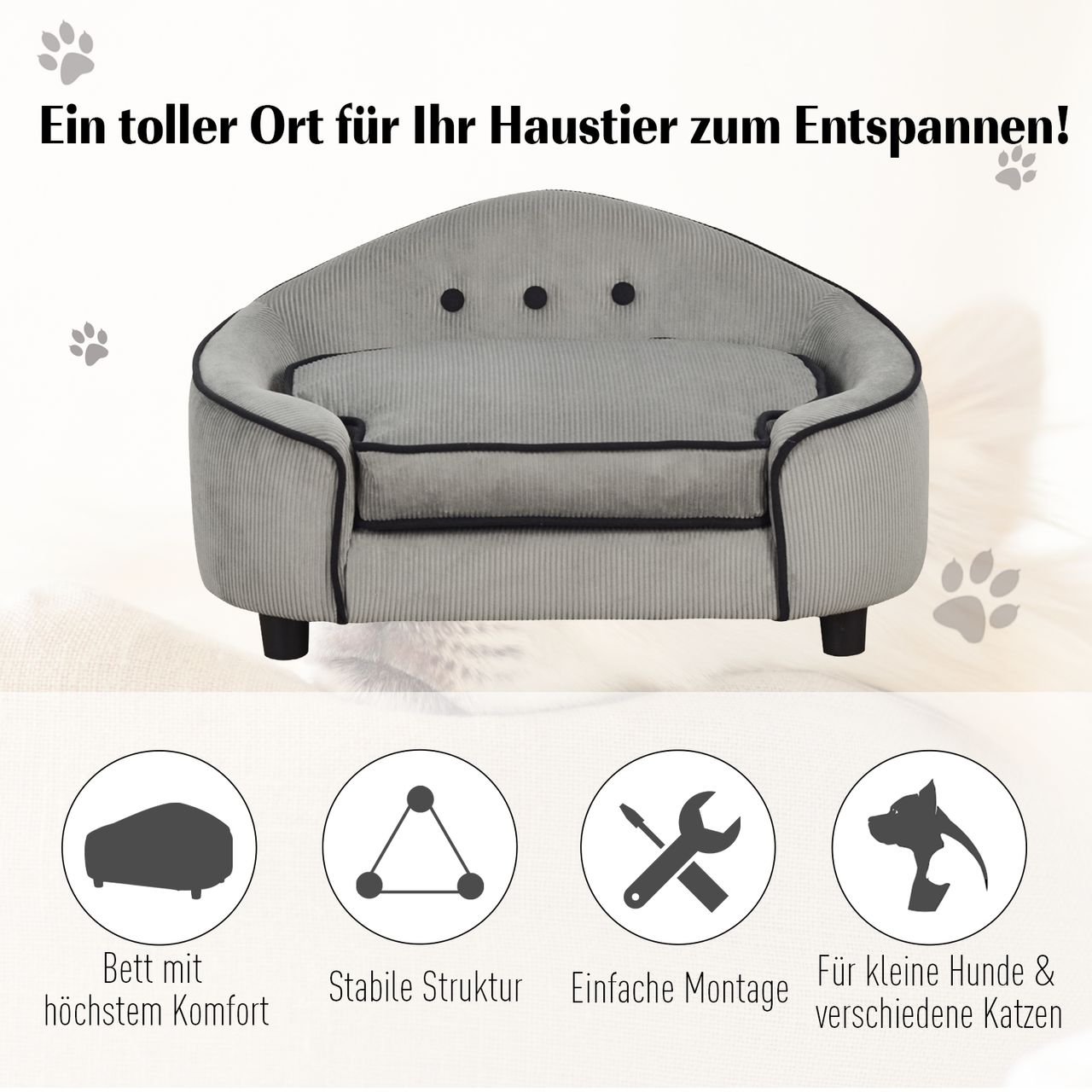PawHut Haustiersofa, Hundebett, Hundematte, Hundesofa, Naturholz Plüsch, Grau, 66,5 x 45 x 35,5 cm