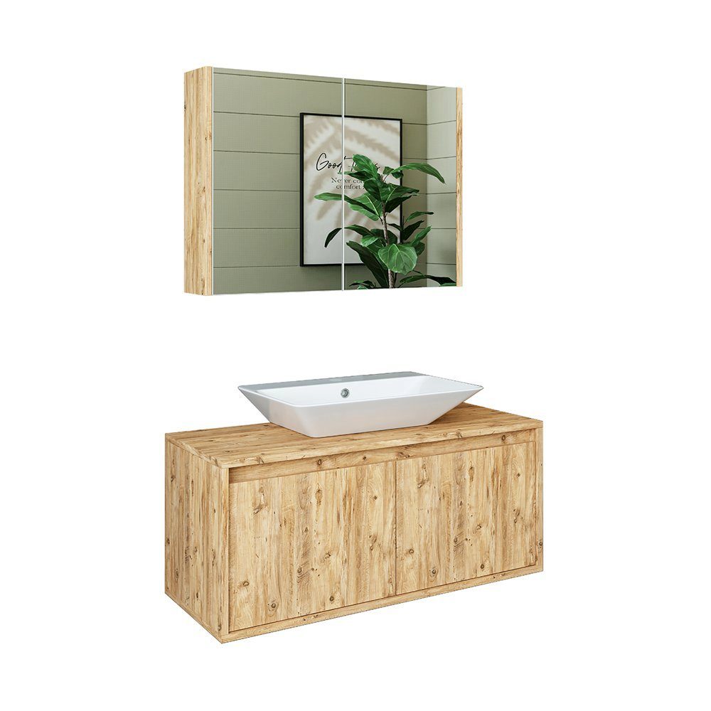 Roomart Badmöbel-Set, (Badmöbel Set 3-teilig 100cm Unterschrank mit Waschbecken Spiegelscrank)