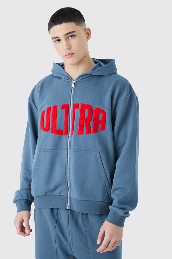 Kastiger Oversize Hoodie mit Reißverschluss und Borg-Applikation