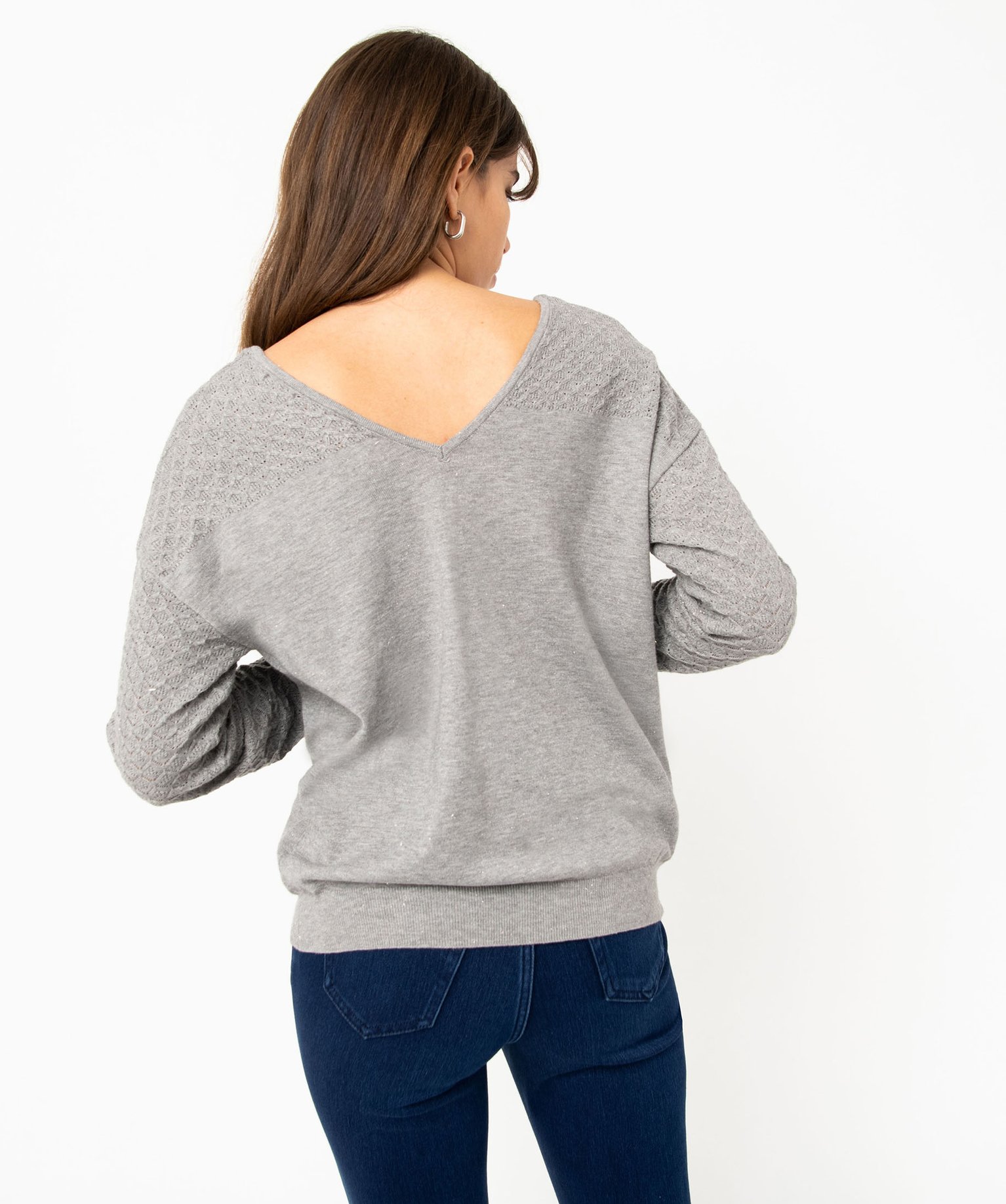 Pull avec double col V et manches fantaisie femme gris | GEMO