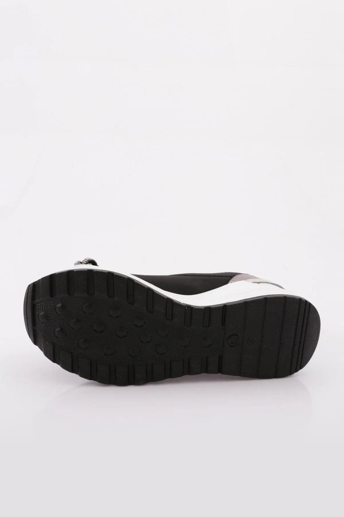 DGN  Schwarze Platin-Sneakers für Damen Modell 0112 – Dicke Sohle mit silbernen Steinen und floralem Detail
