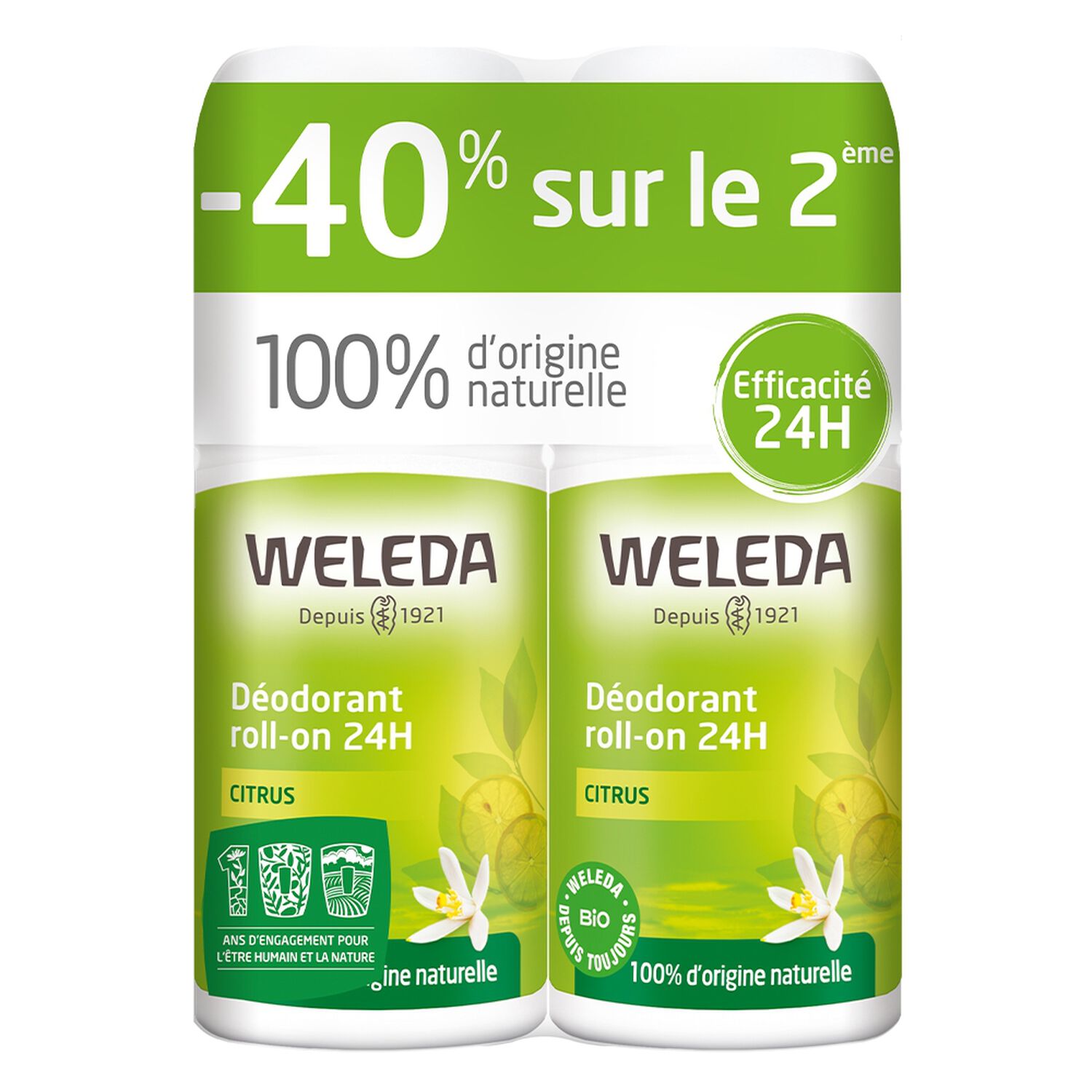 Weleda Citrus Déodorant Roll-on 24h - 100% d'Origine Naturelle 2 x 50 ml