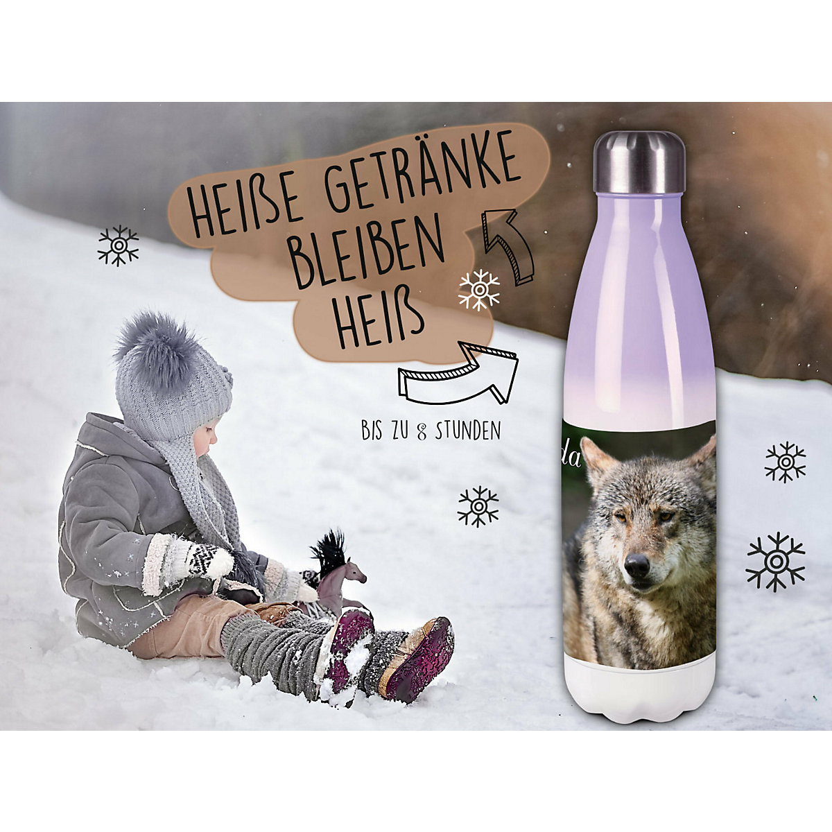 Edelstahl Kinder Thermoflasche / Trinkflasche bunt Wolf Spülmaschinenfest, Auslaufsicher, Bruchfest, Doppelwandig, Für Heißgetränke geeignet, Mit Deckel, Isoliert