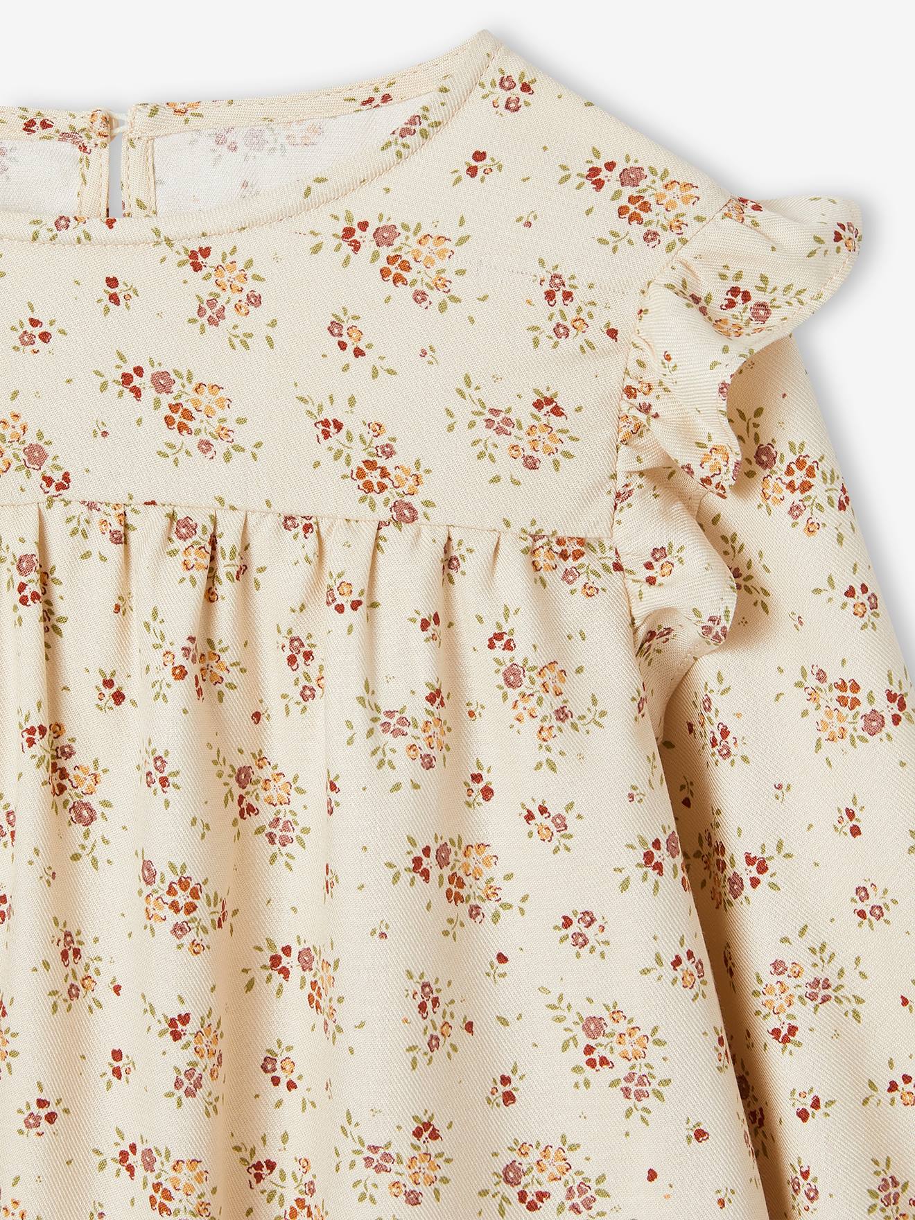 Blouse fleurie fille manches volantées bleu grisé