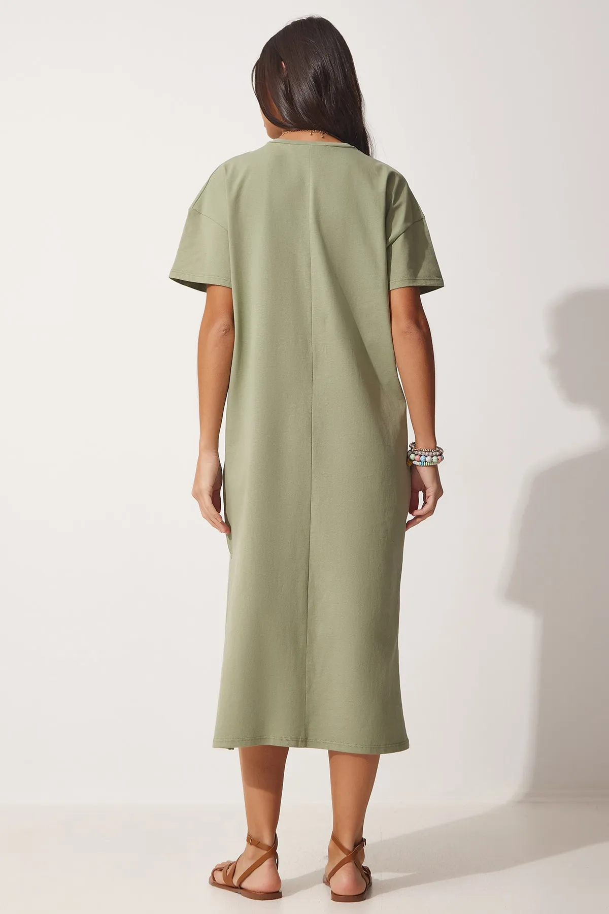 Happiness İstanbul  Damen-Khaki-Baumwoll-Sommerkleid aus gekämmter Baumwolle UB00080