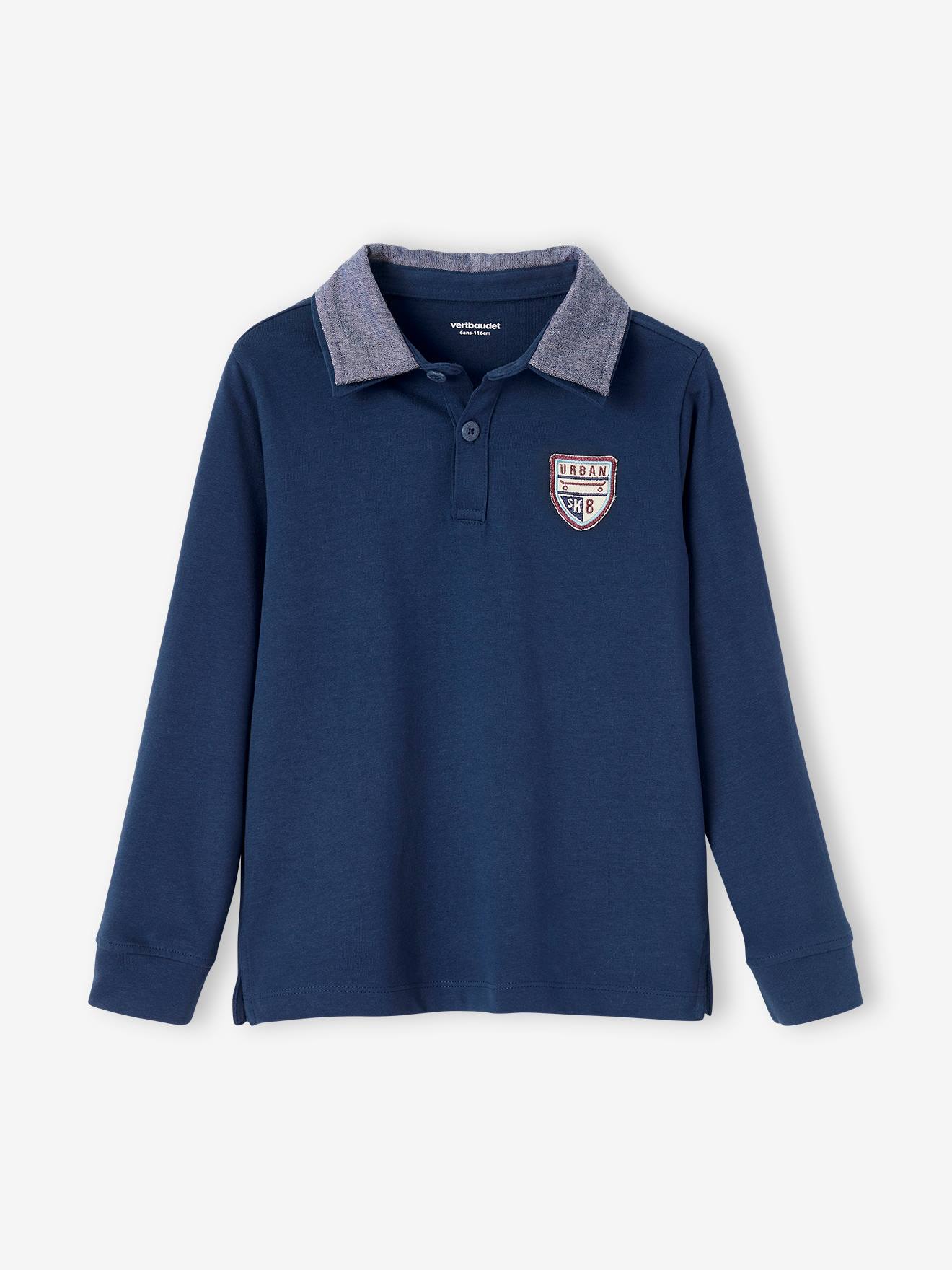 Polo garçon avec badge et col en chambray dark bleu indigo