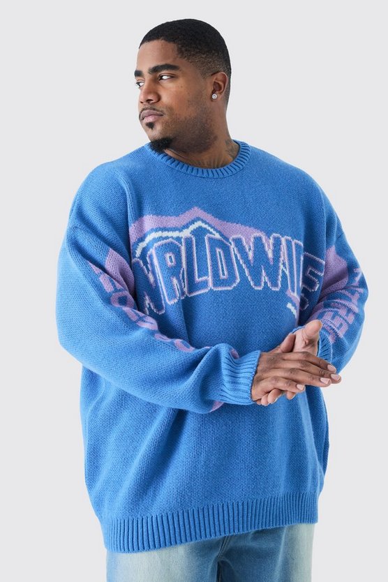 Plus Oversize Worldwide Strick-Pullover in Dunkelblau