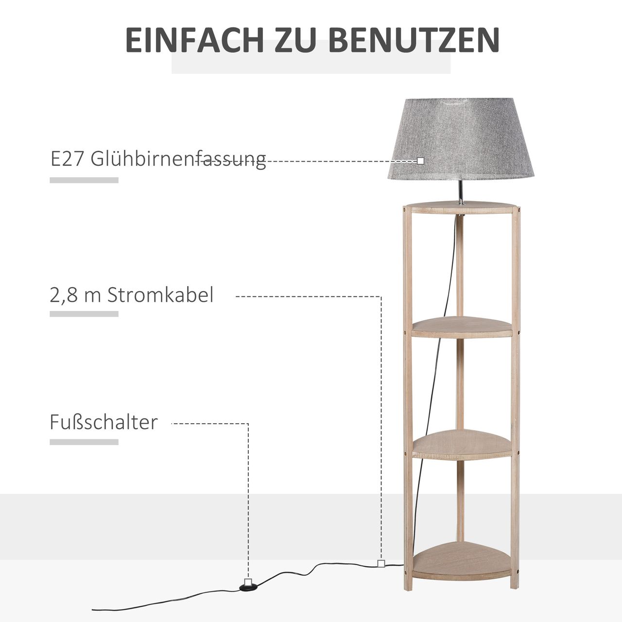 HOMCOM Stehlampe Ablage Schlafzimmer Standleuchte Stehleuchte Lampenschirm für Wohnzimmer Schlafzimmer 40 W Skandinavisch Holz   Leinen grau 46 x 46 x 158,5 cm