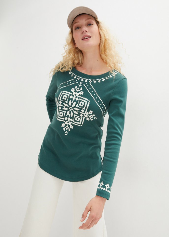 Baumwollripp-Langarmshirt mit Norwegermotiv