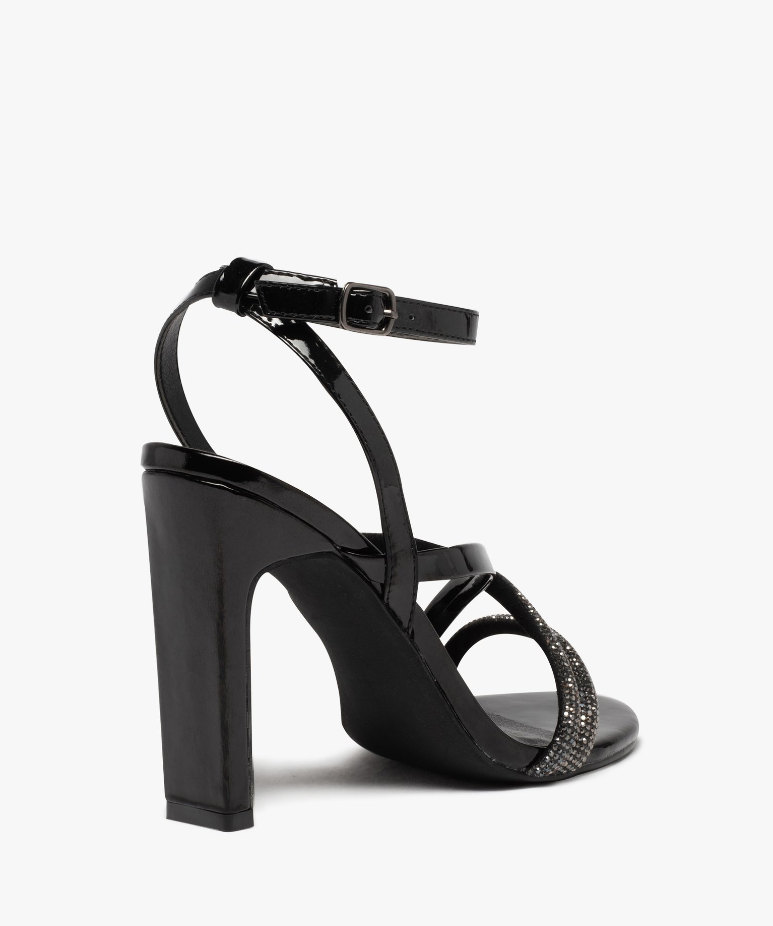 Sandales femme à talon haut dessus vernis et strass noir | GEMO