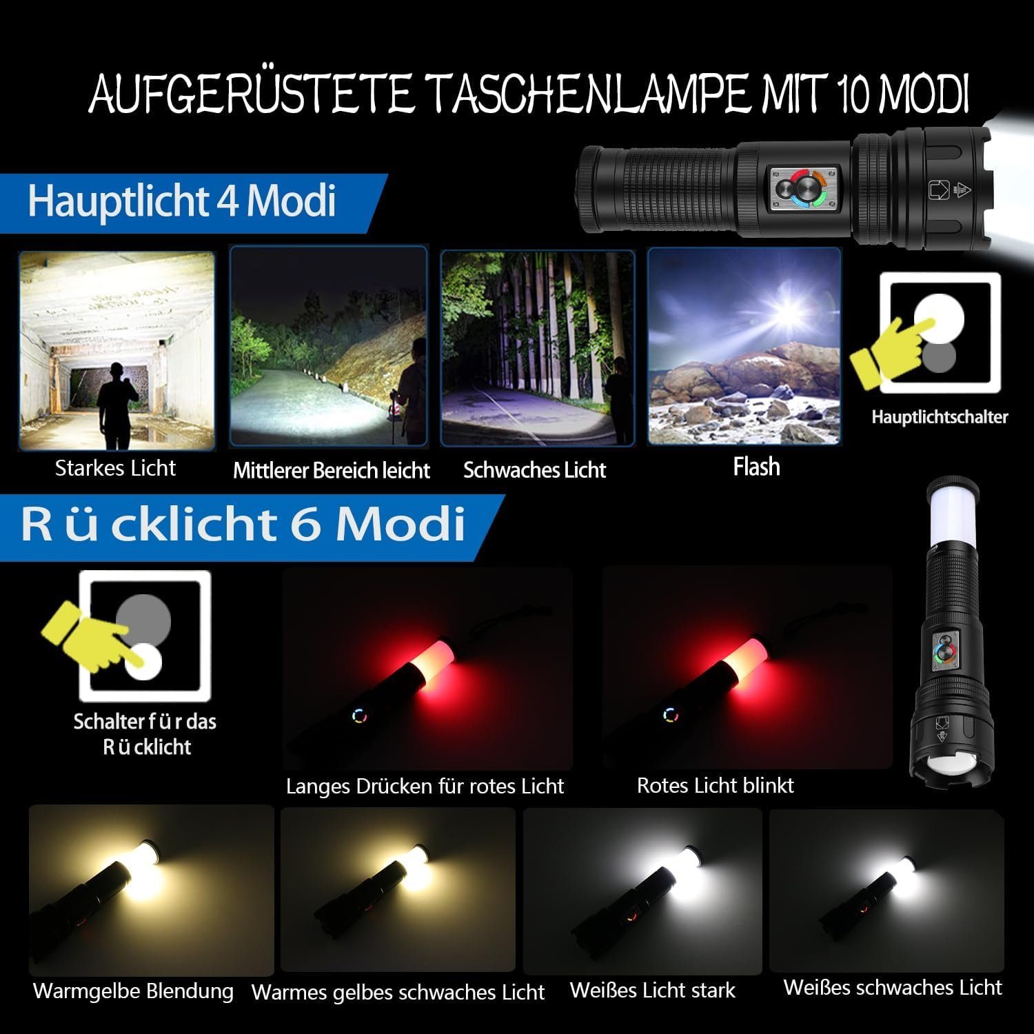 Hikeren Taschenlampe Superhelle Flashlight,150000LM,Campinglampe 10 Modi,Starke Wasserdicht (1-St), Einstellbare Brennweite