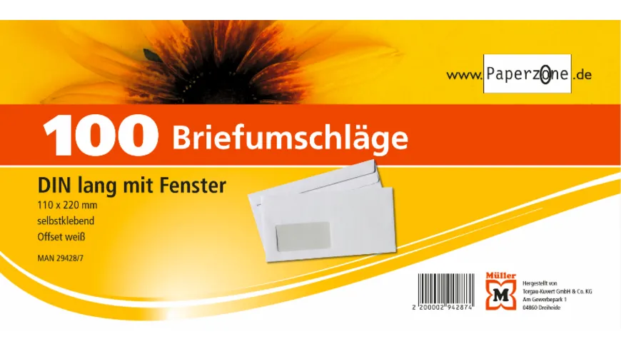 PAPERZONE Briefumschlag mit Fenster DIN lang selbstklebend weiss 100Stück