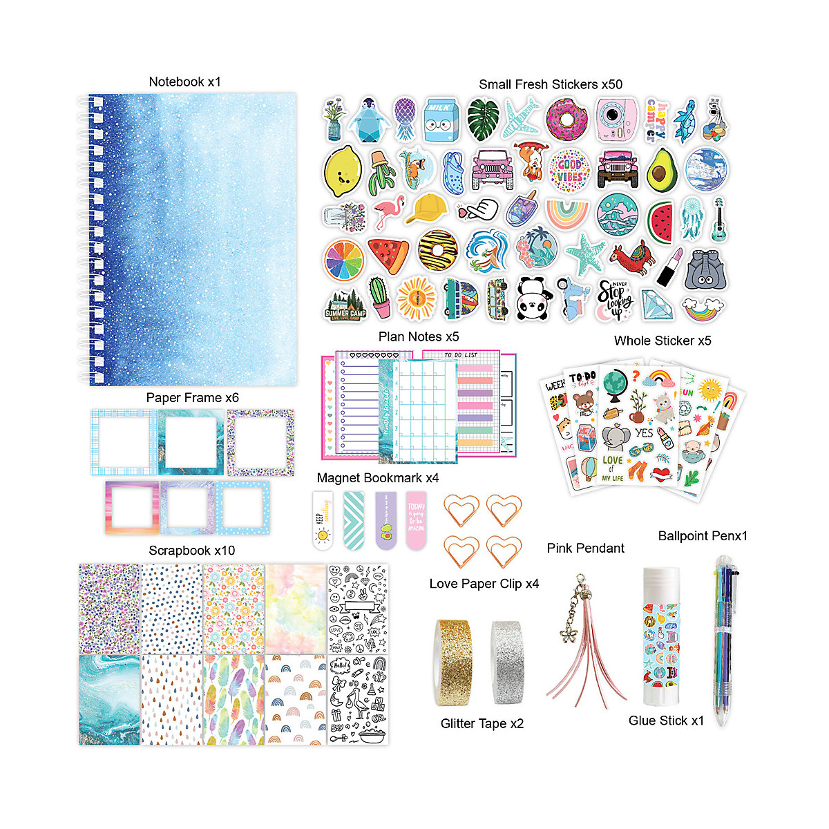 frler Journal Notizbuch Tagebuch Scrapbooking Set mit Aufkleber Schablonen Notizbücher für Kinder