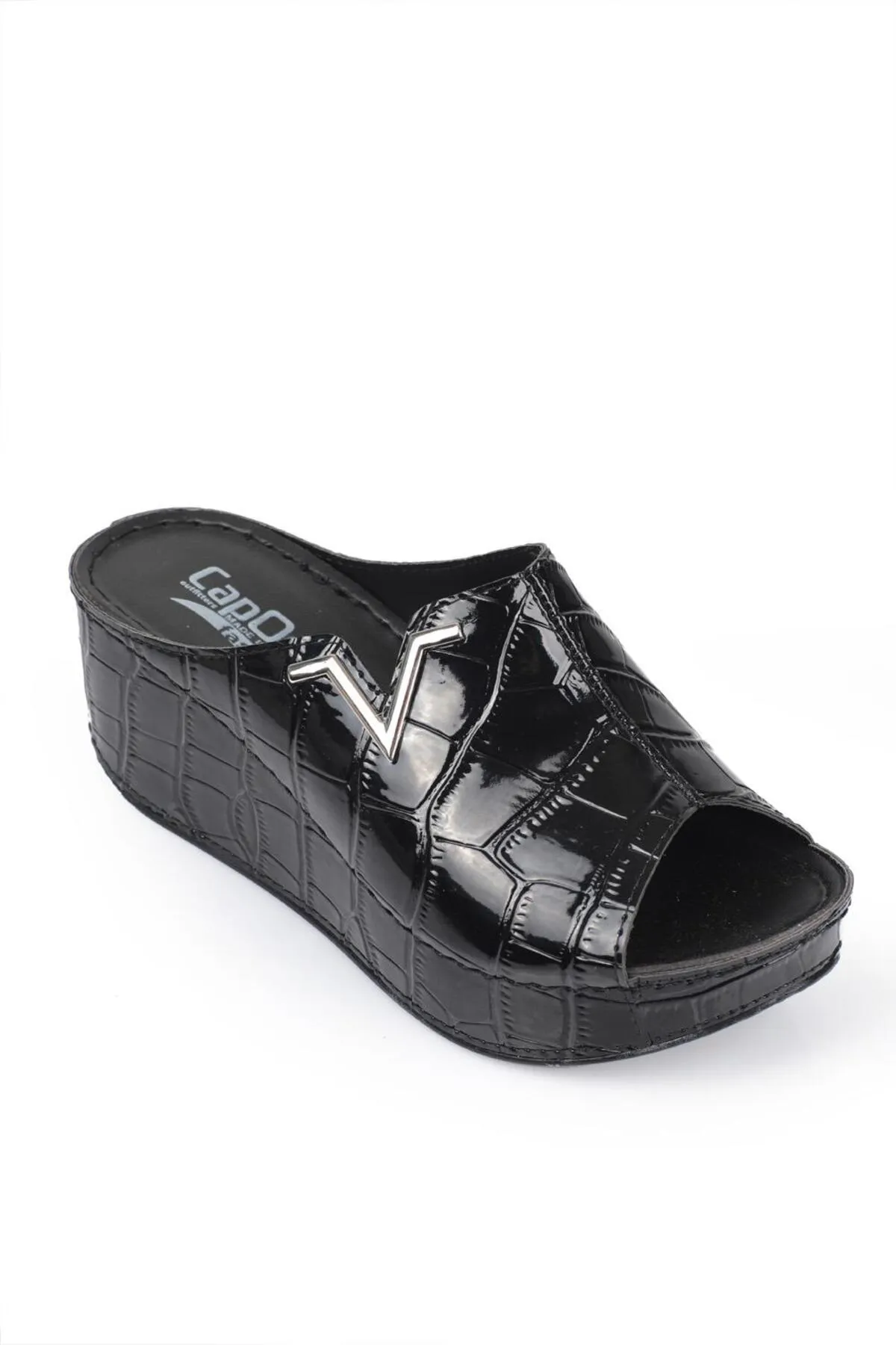 Capone Outfitters  Capone 6145 Schwarze Plateau-Hausschuhe mit V-Schnalle für Damen
