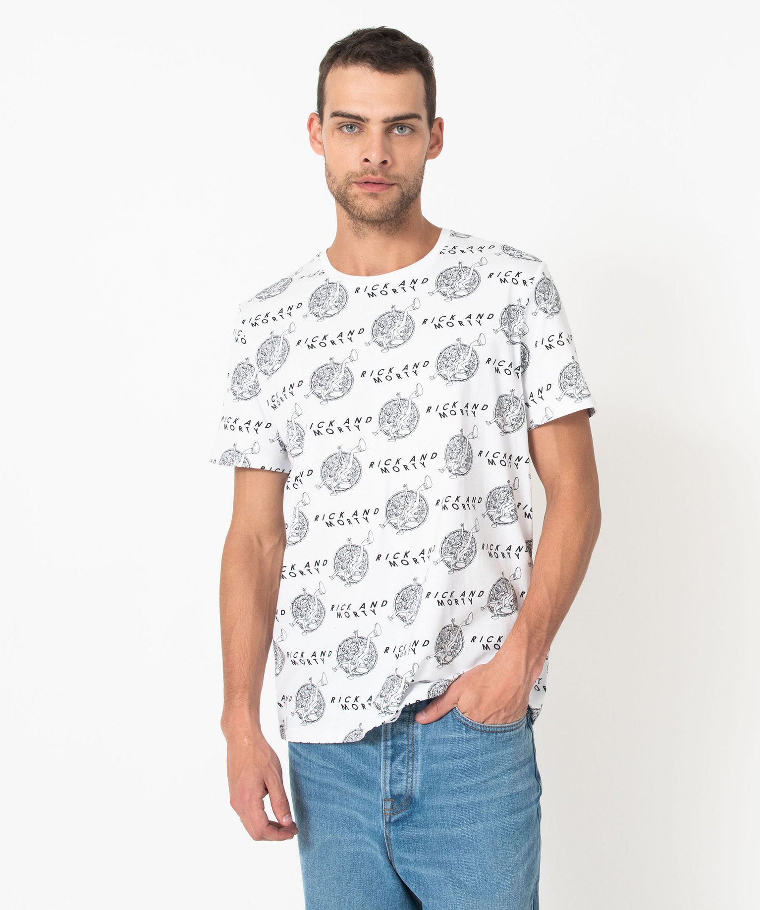 Tee-shirt manches courtes imprimé all over homme - Rick & M... blanc | GEMO