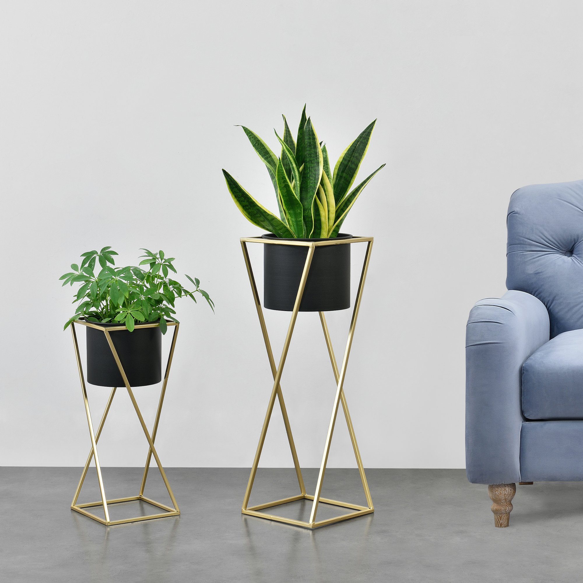 en.casa Blumenständer (Set, 2er), Mons Blumenkübel Pflanzenständer Pflanztopf Metall gold/schwarz