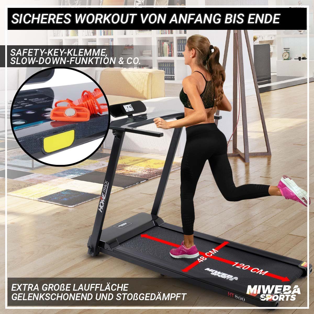Miweba Sports Laufband Profi Sportgerät HT500 - 14 km/h – Ultra Leicht - klappbar (Treadmill, Trainingsgerät, Heimtrainer, Speedrunner, Fitness, Workout, 1-tlg., 120 kg Traglast, 12 Laufprogramme, Handy/-Tablethalter, LCD-Display, Pulssensor, Safety-