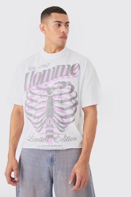 Geripptes Oversize T-Shirt mit rohem Saum und Herz-Print