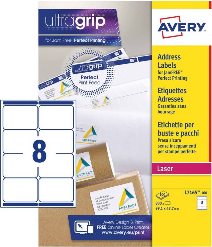 AVERY Zweckform Abziehhilfe QuickPEEL,ultragrip Versandetiketten L7165 100 Selbsthaftend DIN A4 Weiß 99,1 x 67,7 mm 100 Blatt à 8 Etiketten