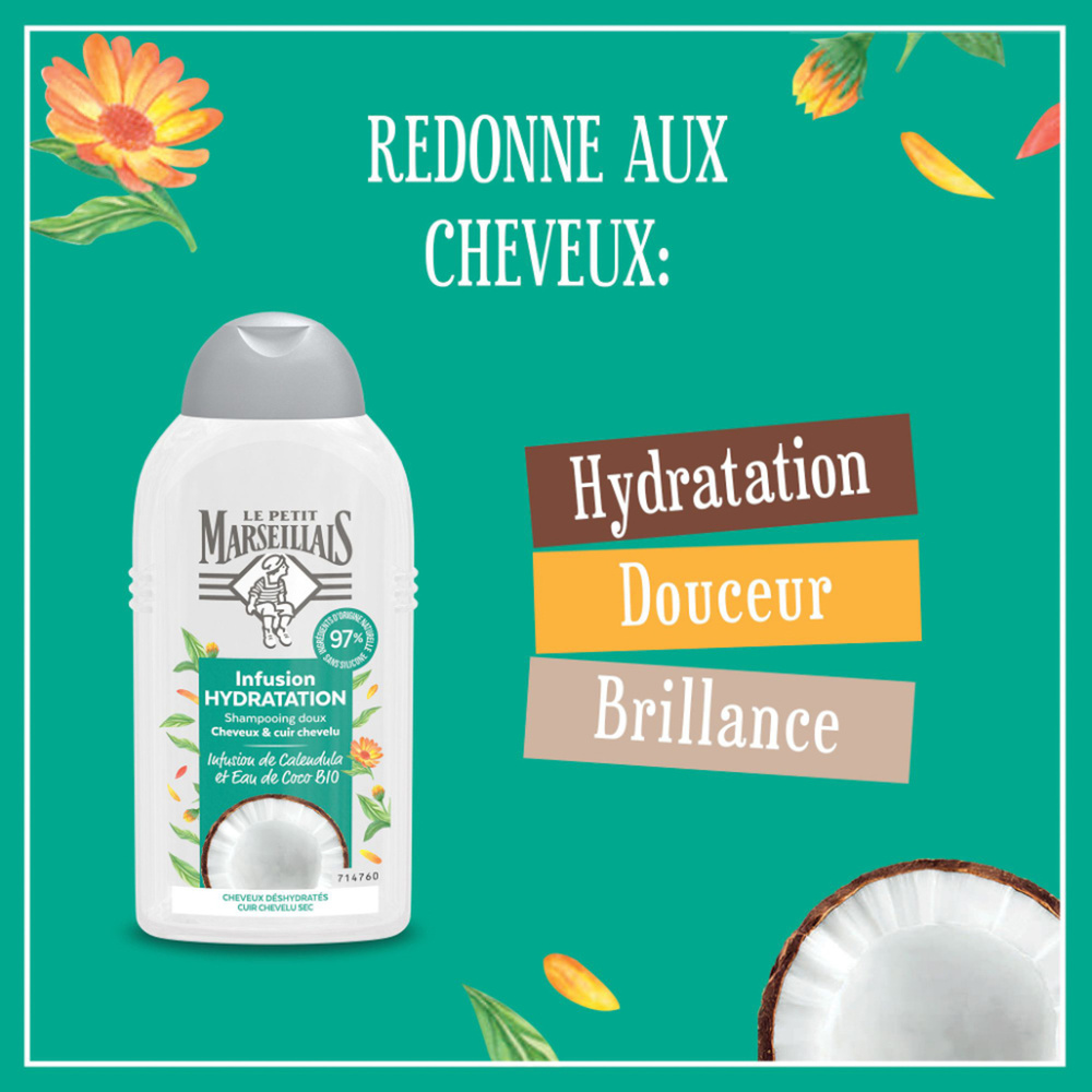 le petit marseillais Shampooing Hydratation Infusion Calendula Et Eau De Coco Shampoing