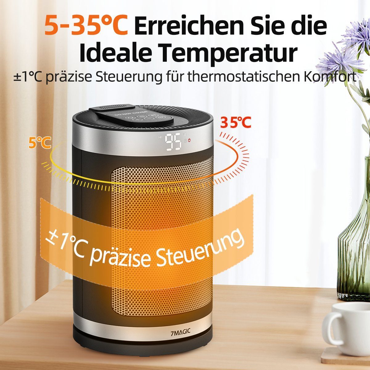 7Magic Heizlüfter Energiesparender Heizgerät 1500W Elektrischer PTC Keramik 4 Modus, 1500 W, mit Thermostat, 12 Std. Timer, 90° Oszillierend Elektroheizung