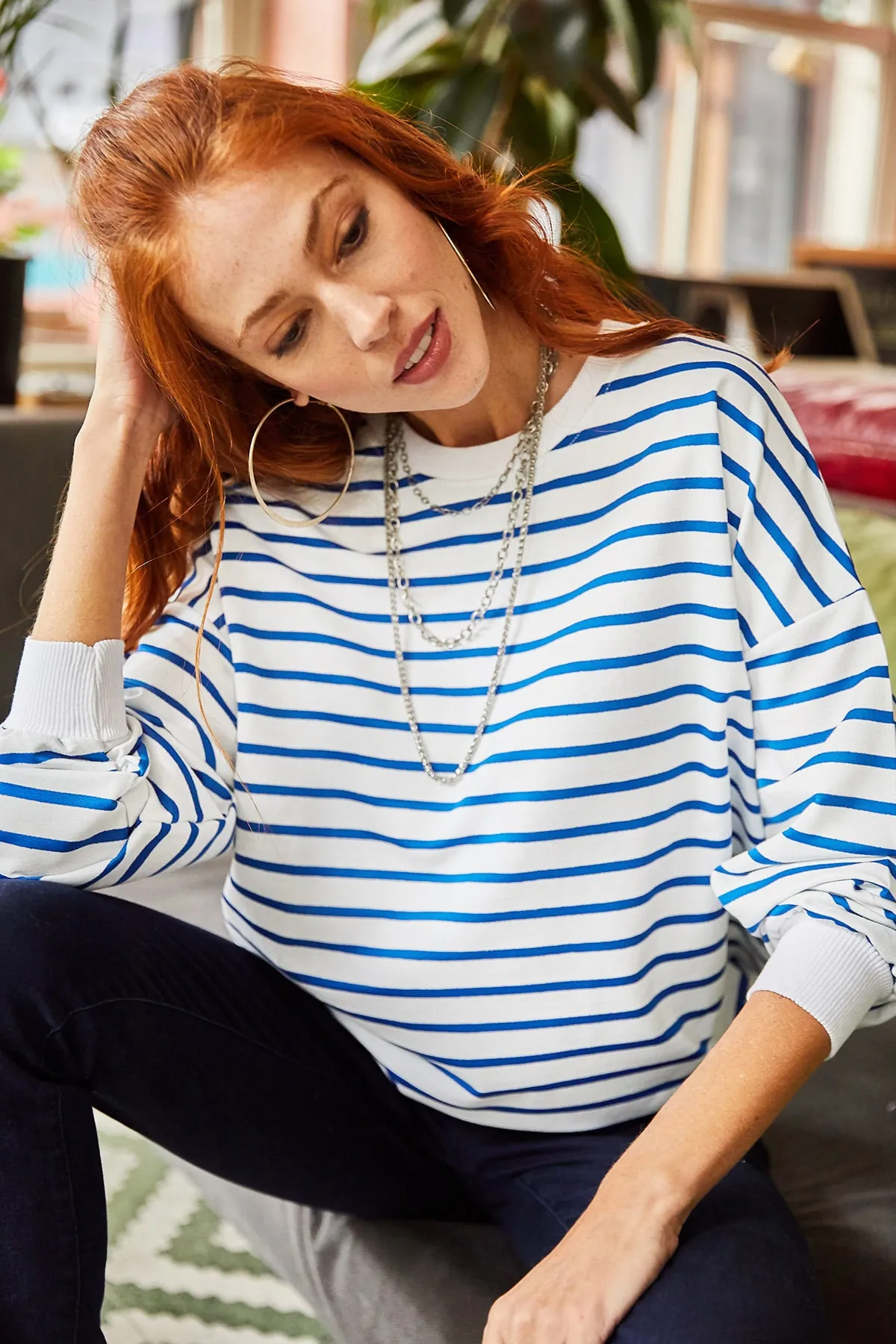 Olalook  Damen-Sweatshirt, weiß, indigoblau, gestreift, Basic, weich, strukturiert, lockeres Sweatshirt SWT-19000457