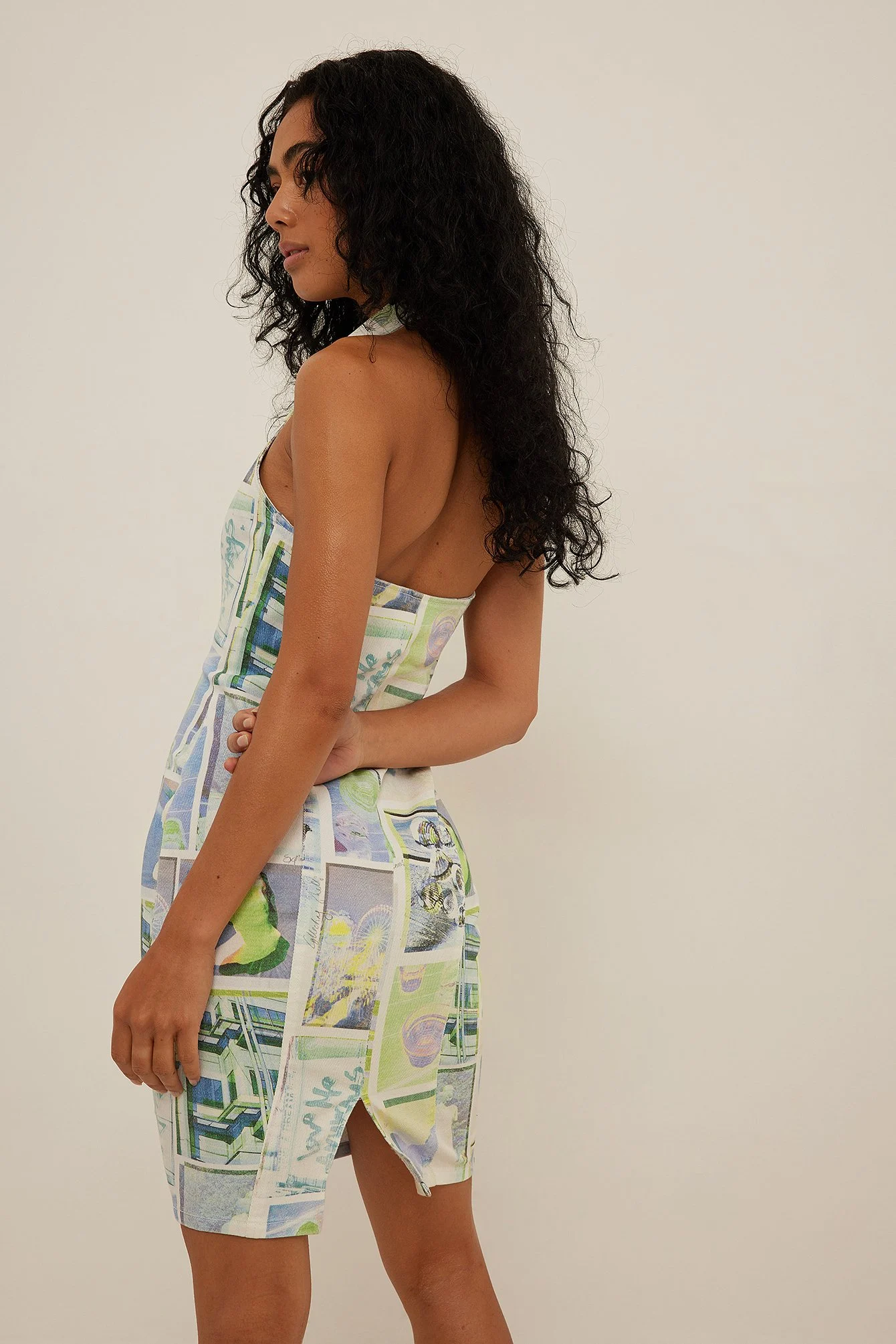 Printed Halterneck Jeans Dress