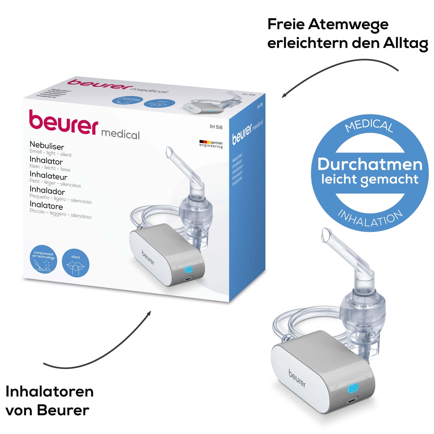 Beurer Inhalator IH 58-Inhaliergerät mit Kompressor-Drucklufttechnologie - kompakt & ideal auf Reisen