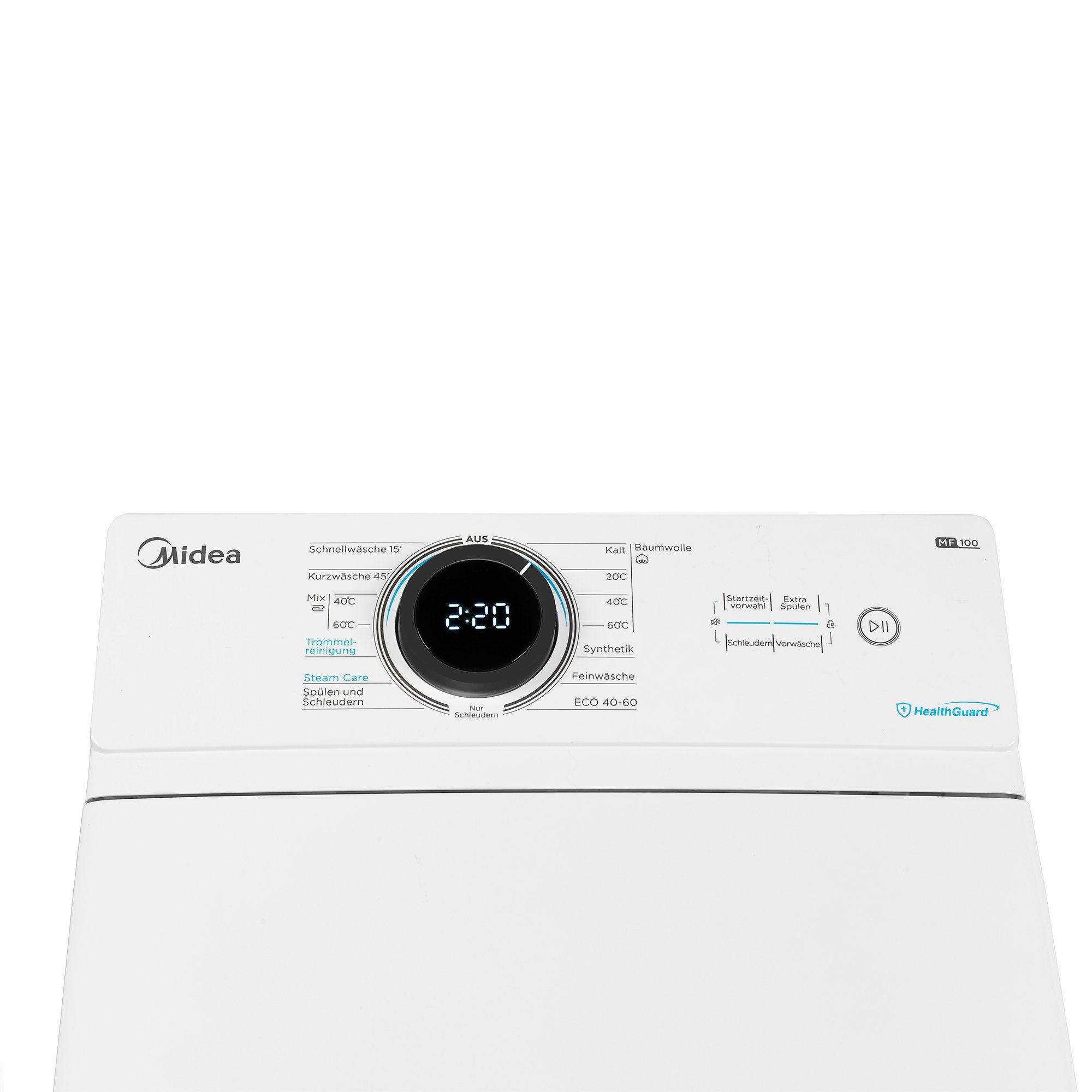 Midea Waschmaschine Toplader MF100T60B-12A, 6 kg, 1200 U/min, Aqua Stop, Steam Care, Care Drum, XL Door, Soft Opener