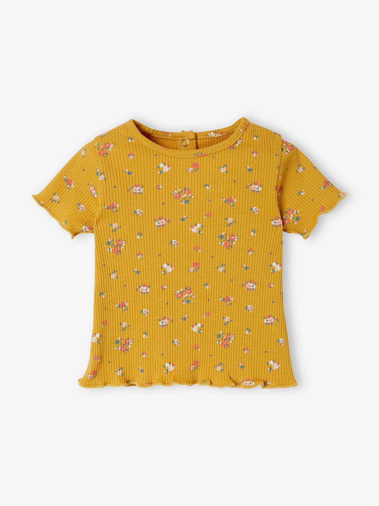 T-shirt à fleurs en maille côtelée bébé rose grisé imprimé