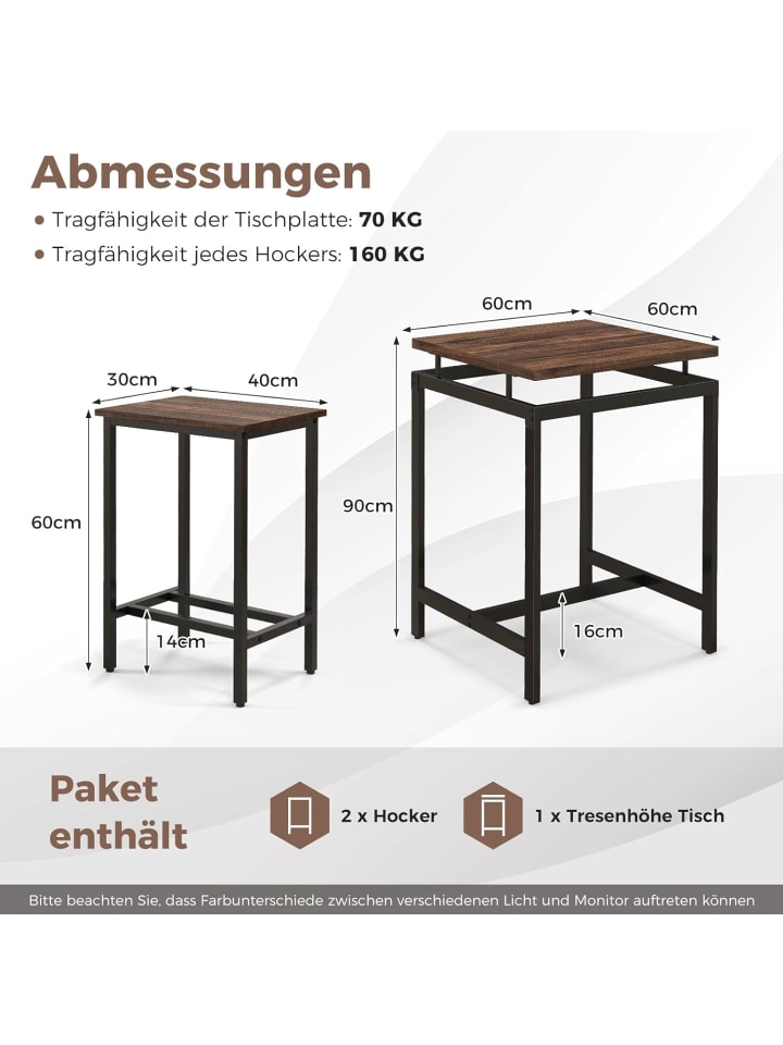 COSTWAY Esstisch 3 tlg. Set mit 2 eingebauten Hockern in Braun günstig kaufen onesize