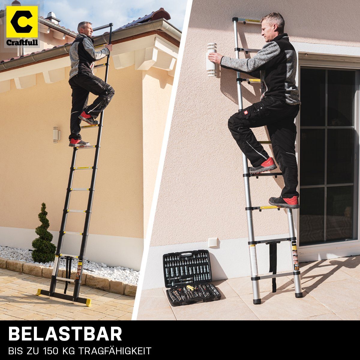 Craftfull Teleskopleiter Alu Leiter CF-101B - 3 J. Garantie - 2 - 4.4 m - Soft-Close-Funktion (inkl. Tragetasche - 150 kg Traglast - Alu Stehleiter bis 150 kg - Anlegeleiter - Trittleiter - Wandleiter - Arbeitsbühne - Multigerüst - Haushaltsleiter -
