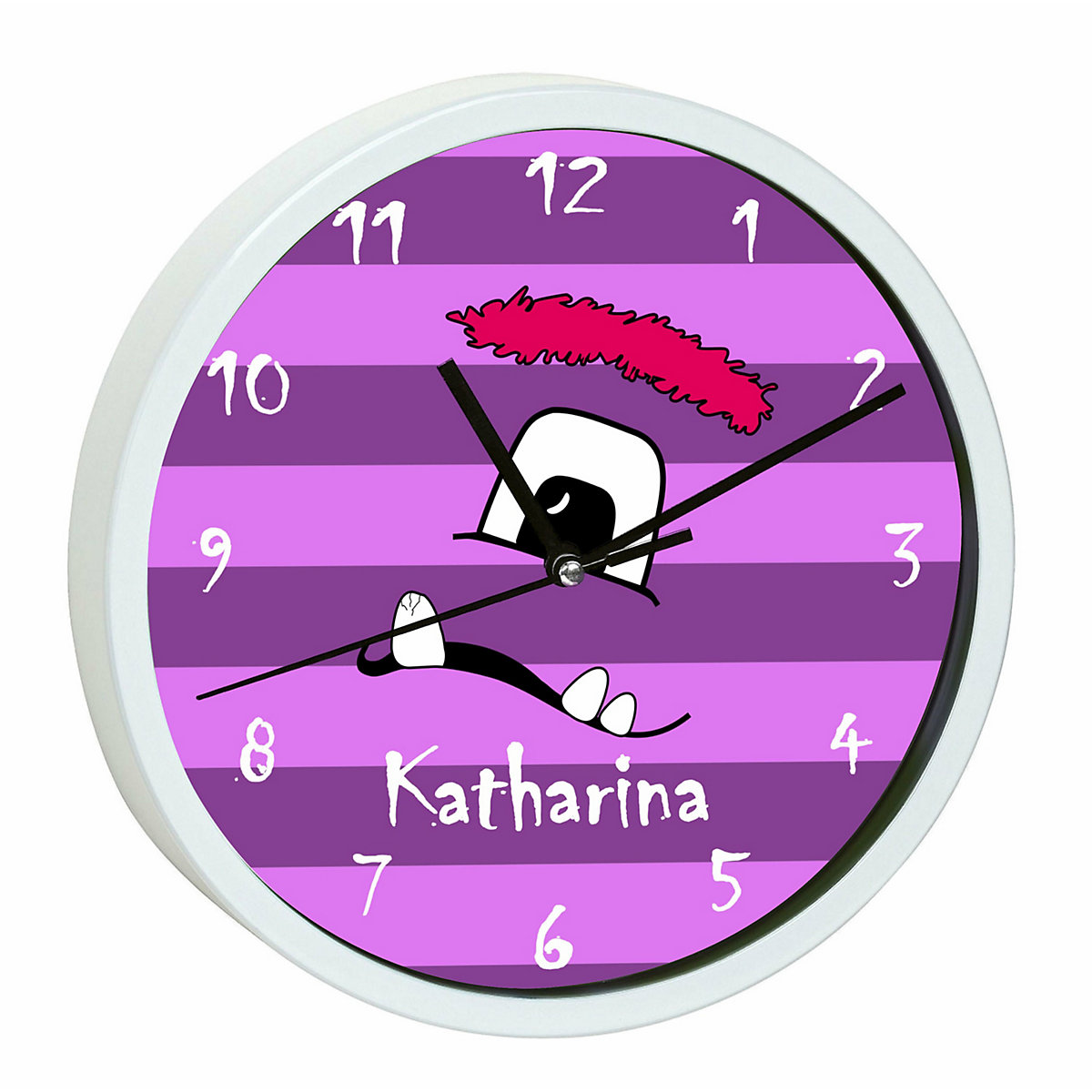 Kinder Wanduhr laufruhig personalisiert mit Name Monster Streifen lila