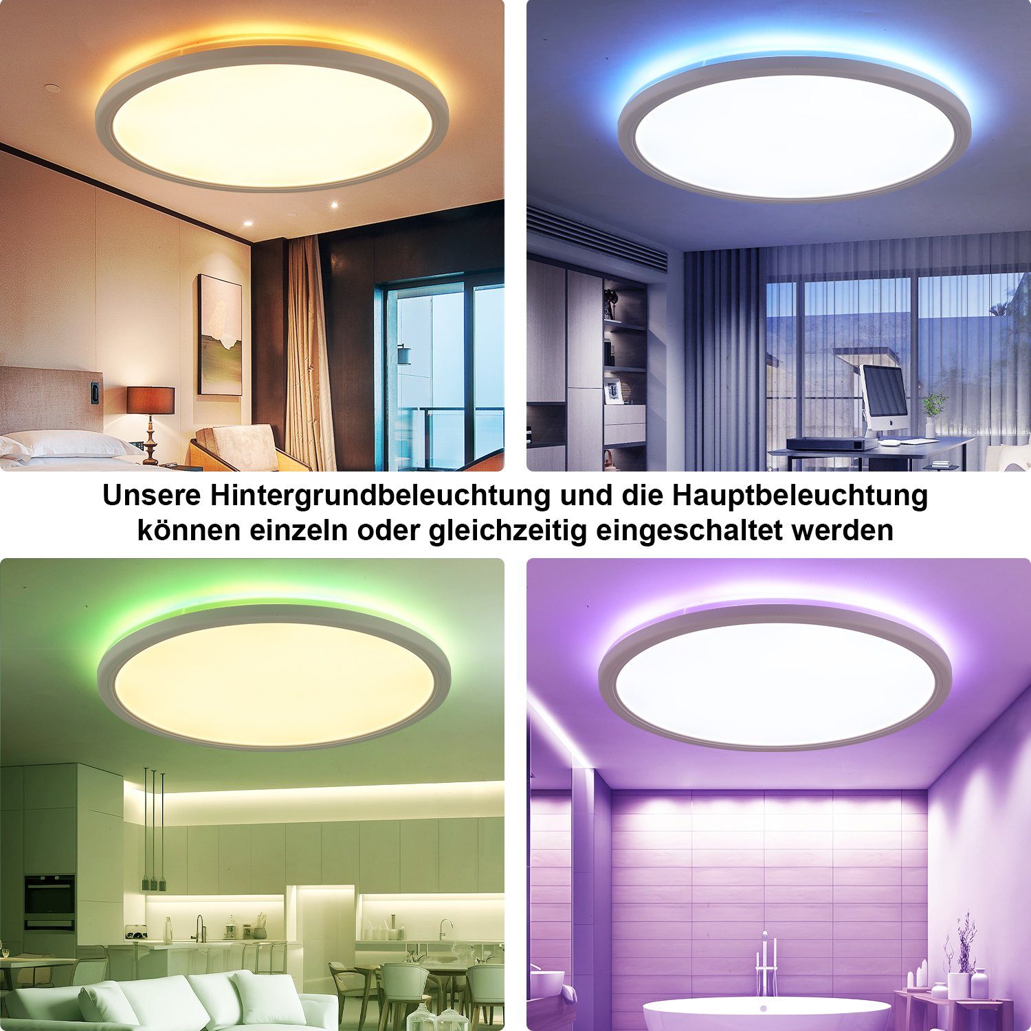 iscooter LED Deckenleuchte Ultra Dünn LED Deckenlampe, 24W RGB Backlight Deckenlampe Flach Rund, LED fest integriert, warmweiß, neutralweiß, kaltweiß, RGB, Dimmbar mit Fernbedienung, für Schlafzimmer/Wohnzimmer/Badezimmer/Küche