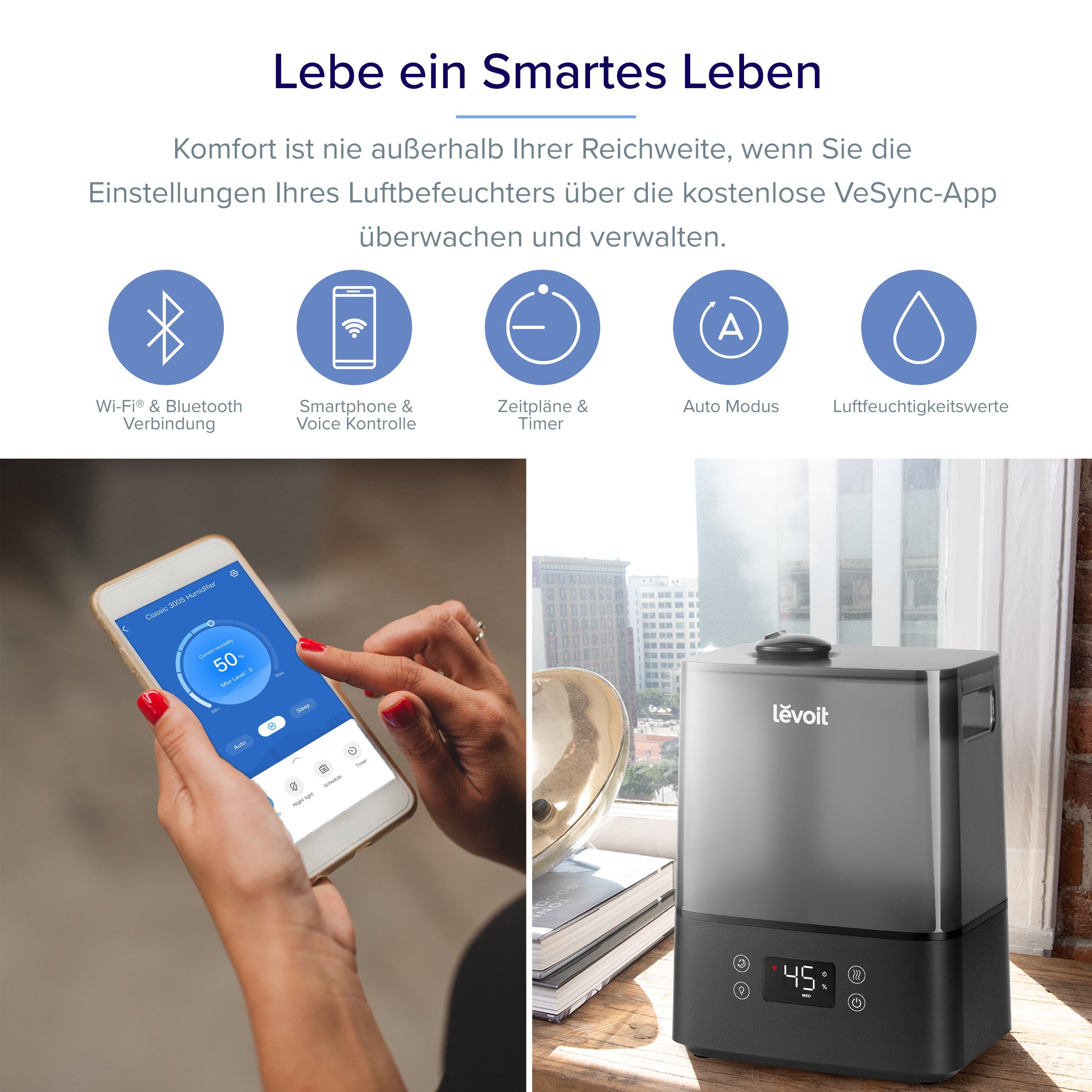 Levoit Luftbefeuchter, Classic 300S Pro Ultrasonic Smart Humidifier, LUH-A601S-KEUR, 6,00 l Wassertank