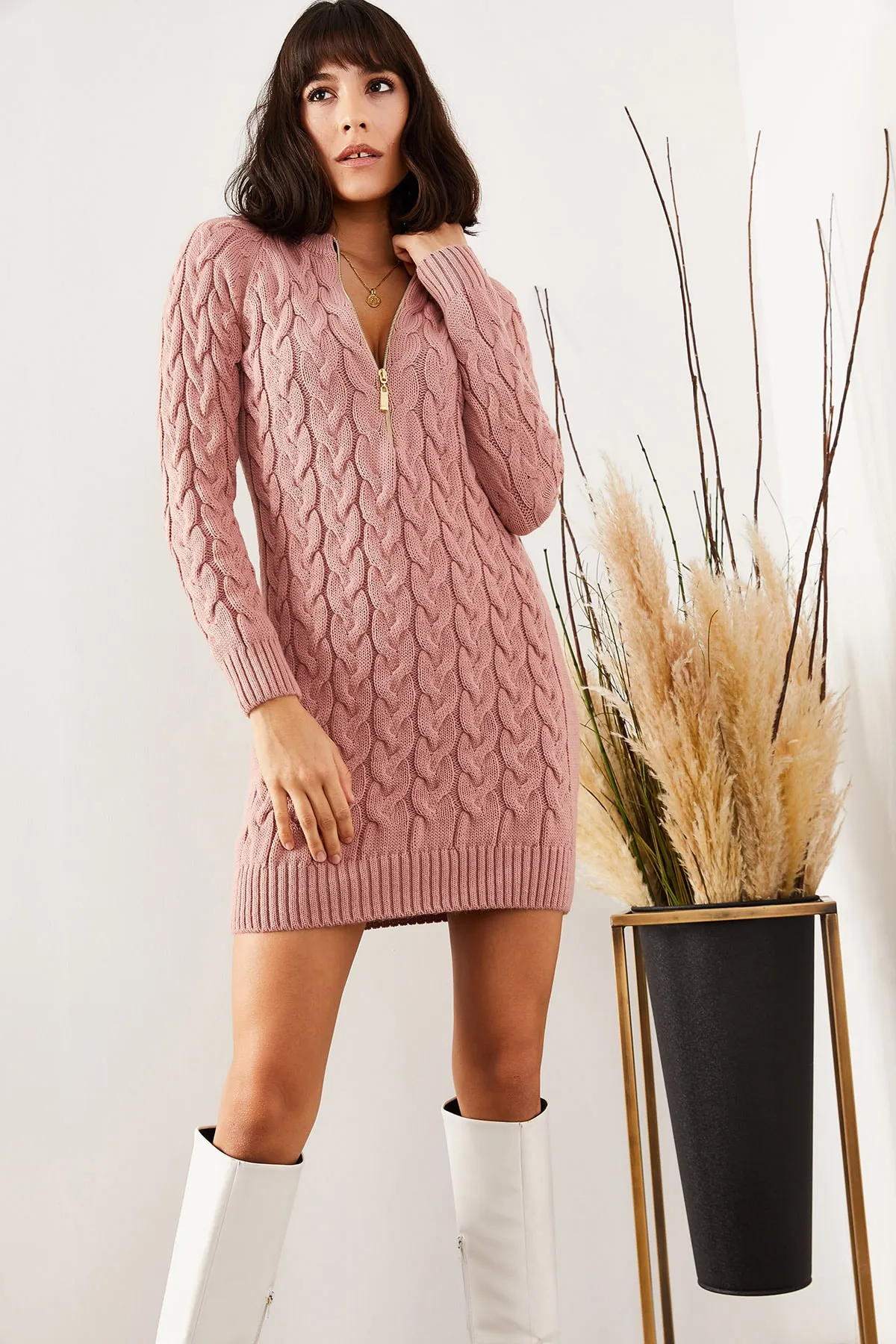 Olalook  Dusty Rose Damen-Kleid aus geflochtenem Strick mit Reißverschluss ELB-19001362