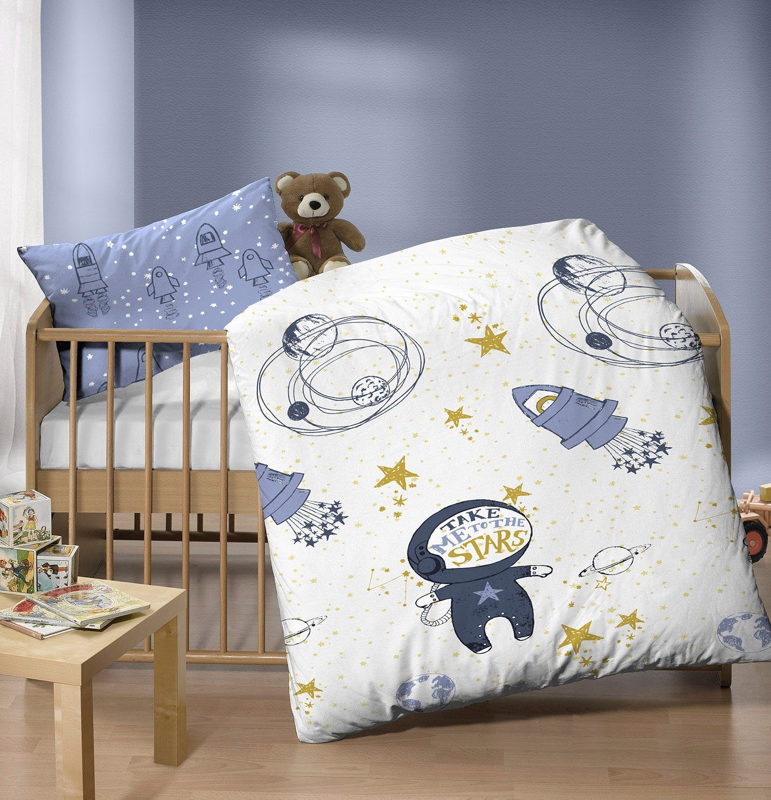 Kinderbettwäsche Julien in Gr. 100x135 oder 135x200 cm, für Kinder, Kinderbettwäsche, Biberna, Feinbiber, 2 teilig, Feinbiber kuschelig warm im Winter, Kinderbettwäsche Weltraum, Kinder