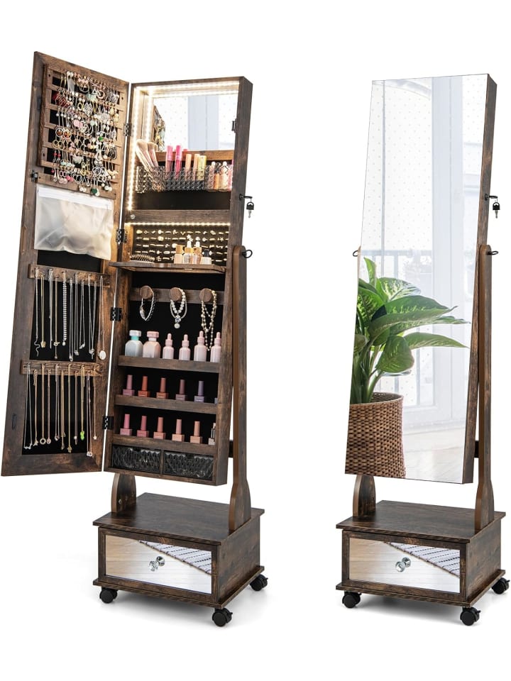 COSTWAY Schmuckschrank LED mit Rollen 159cm in Hellbraun günstig kaufen onesize